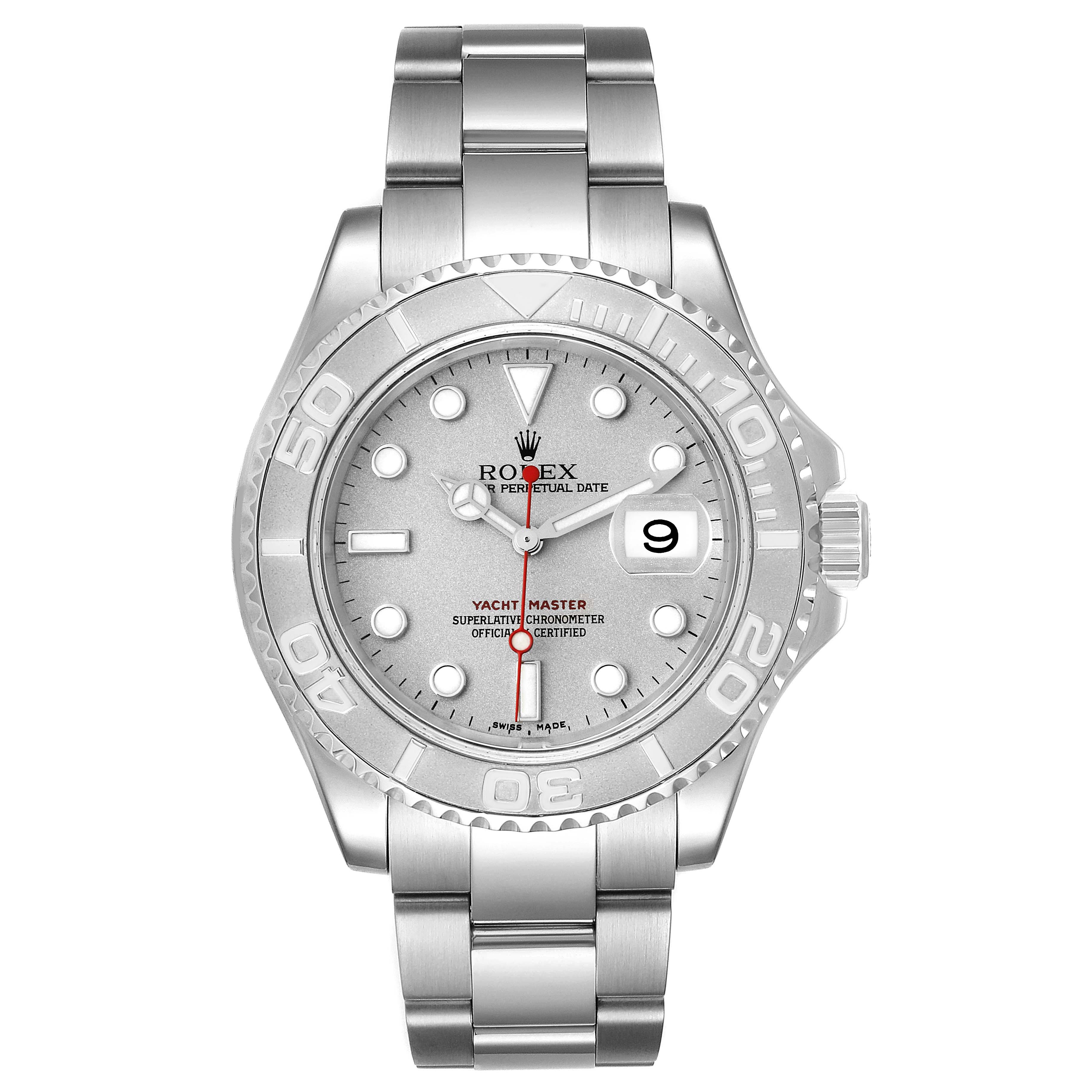 The Rolex Yacht-Master 16622 Men's Stainless Steel Silver Dial 16622 Men's Stainless Steel Silver Dial watch is shown from a straight-on angle, displaying the face, bezel, and bracelet.