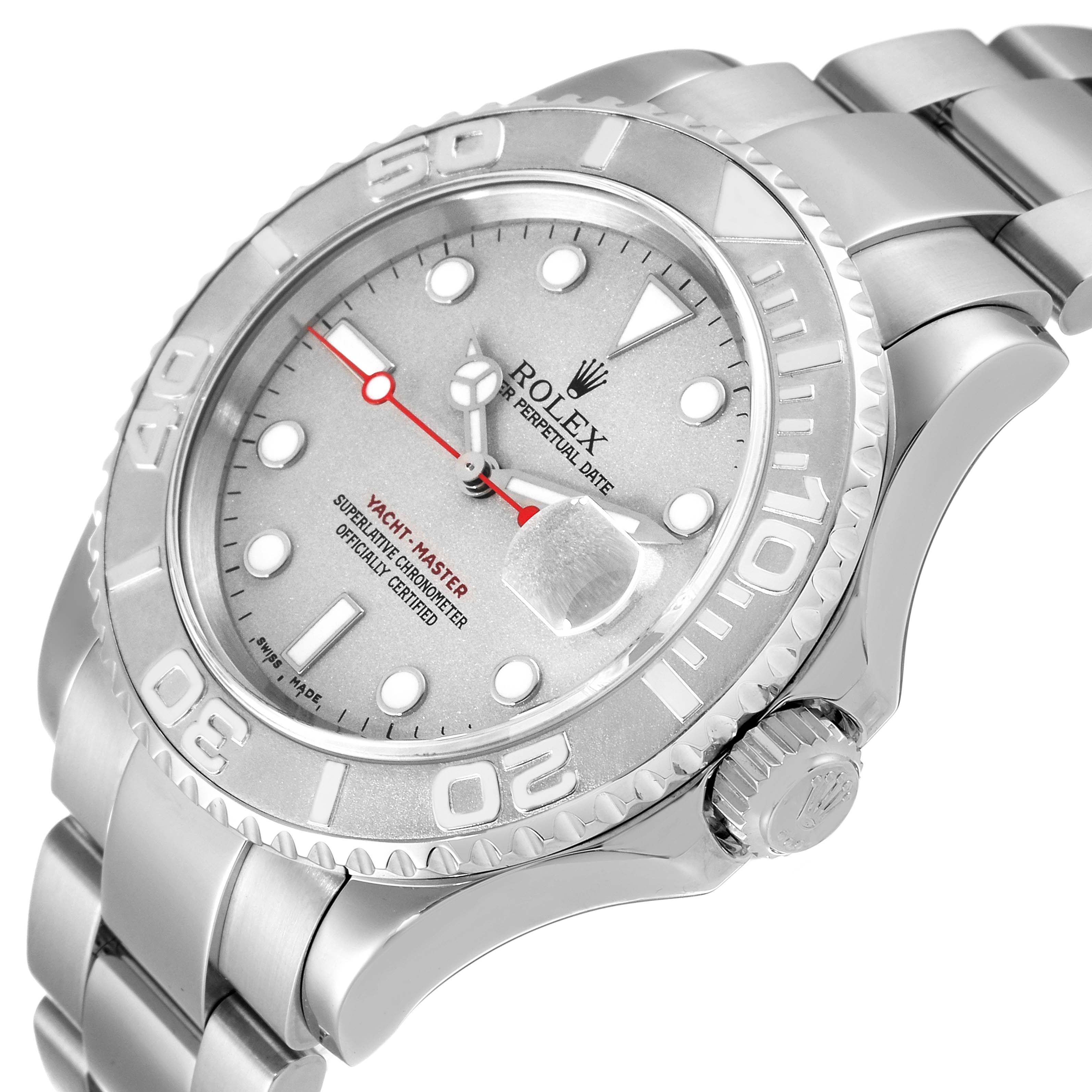 This image shows a close-up, angled view of the Rolex Yacht-Master 16622 Men's Stainless Steel Silver Dial 16622 Men's Stainless Steel Silver Dial watch, highlighting its face, bezel, and part of the bracelet.
