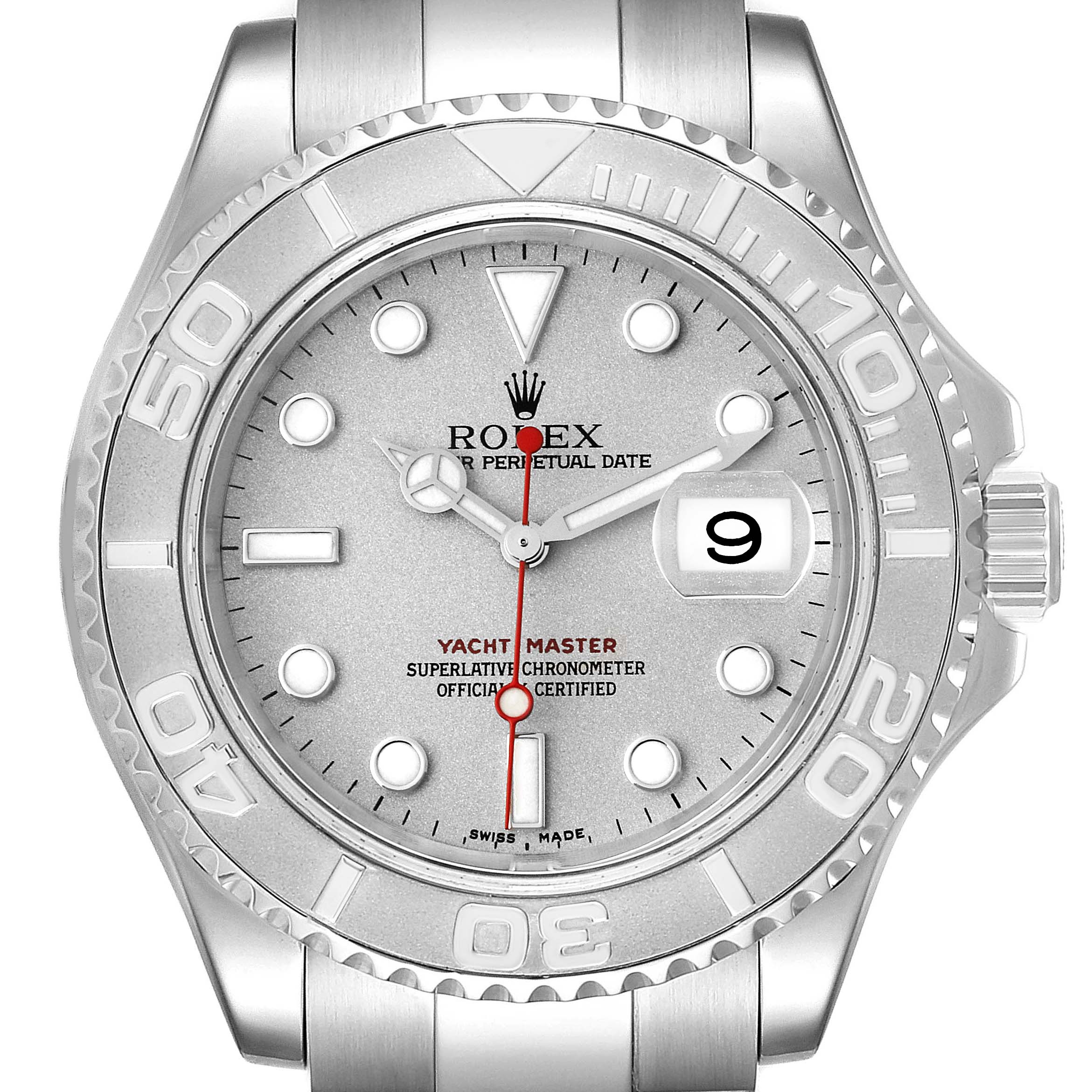 The image shows a front view of the Rolex Yacht-Master 16622 Men's Stainless Steel Silver Dial 16622 Men's Stainless Steel Silver Dial watch, highlighting its dial, bezel, and date window.
