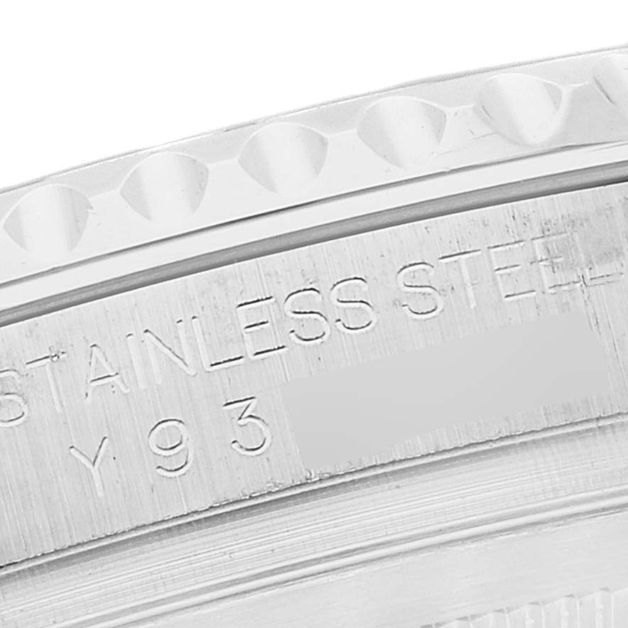 The image shows a close-up of the engravings and bezel of a Rolex Yacht-Master 16622 Men's Stainless Steel Silver Dial 16622 Men's Stainless Steel Silver Dial watch.
