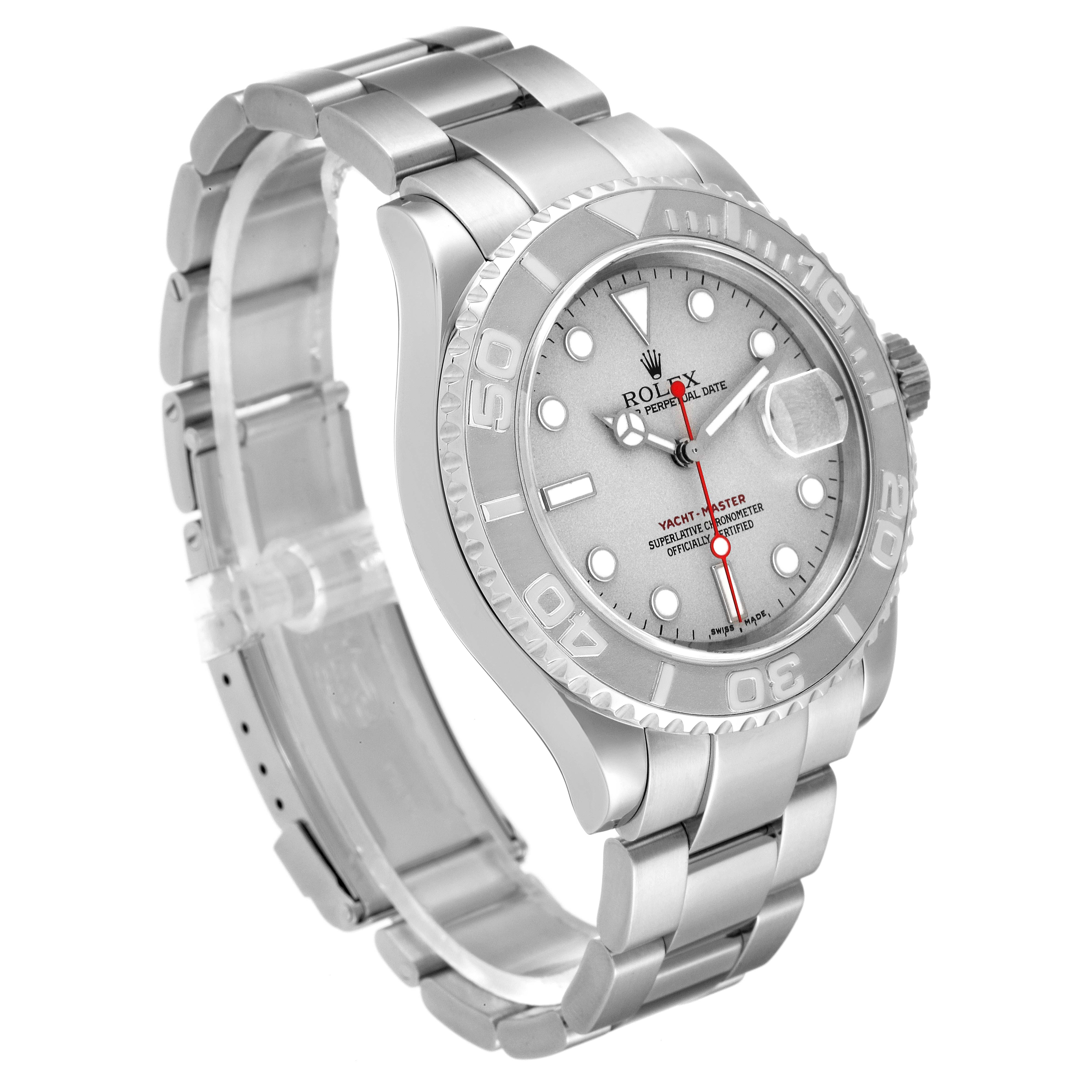 This image shows the Rolex Yacht-Master 16622 Men's Stainless Steel Silver Dial 16622 Men's Stainless Steel Silver Dial watch at a three-quarter angle, displaying the face, bezel, case, bracelet, and crown.