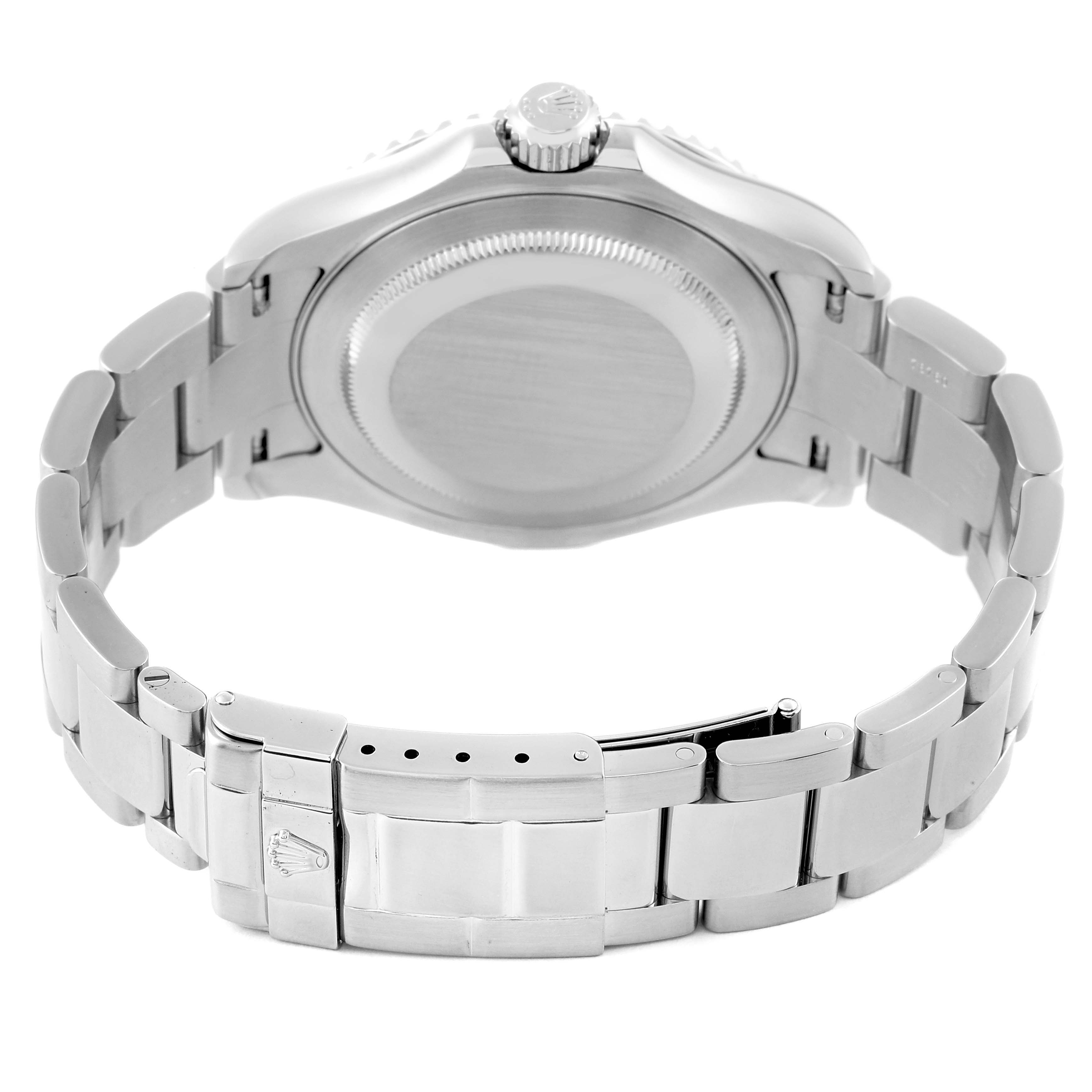 This image shows the back view of a Rolex Yacht-Master 16622 Men's Stainless Steel Silver Dial 16622 Men's Stainless Steel Silver Dial watch, highlighting the bracelet and clasp.