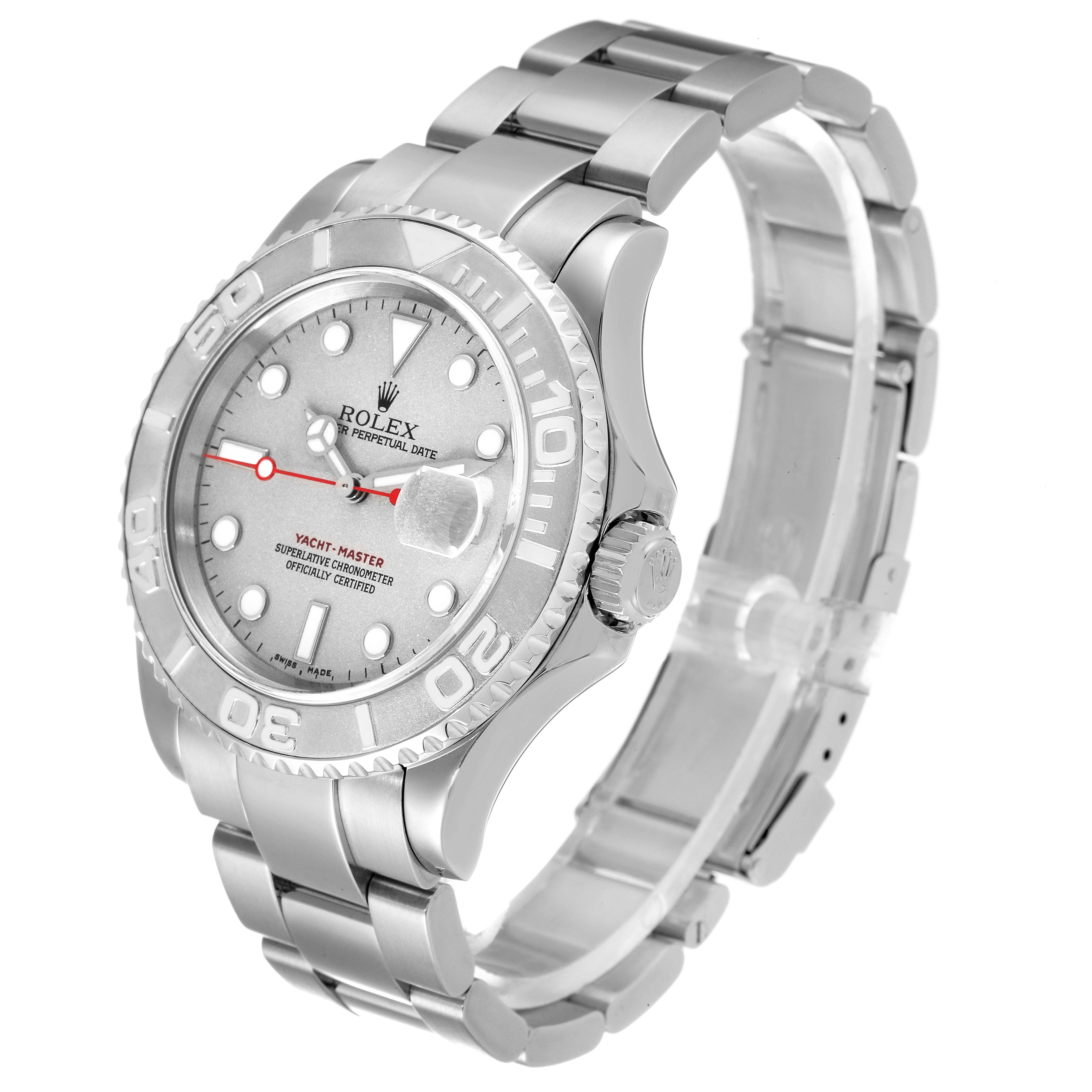 This is a front-angle view of a Rolex Yacht-Master 16622 Men's Stainless Steel Silver Dial 16622 Men's Stainless Steel Silver Dial watch, showcasing the dial, bezel, crown, and bracelet.