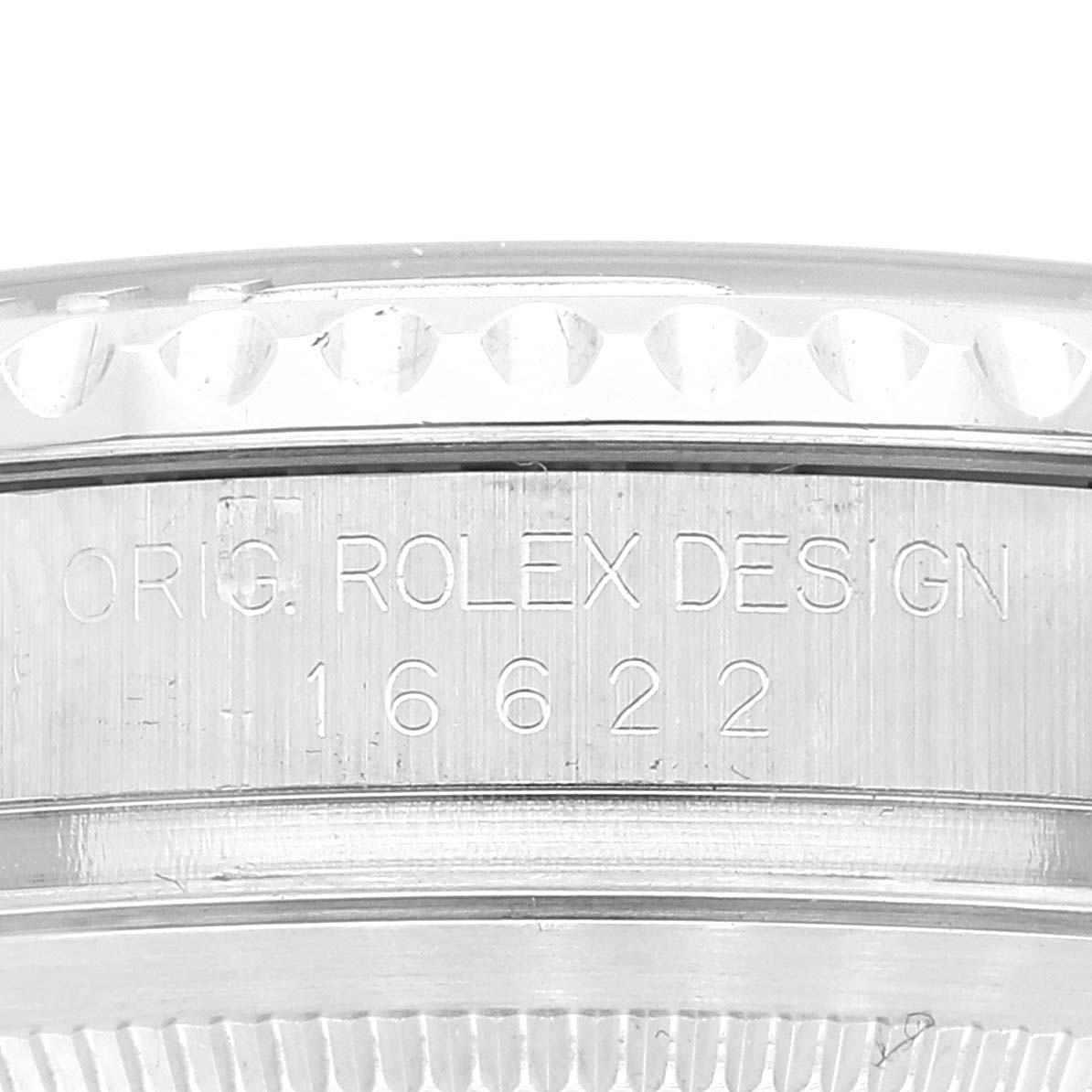 The image shows a close-up of the model number "16622" and "ORIG. ROLEX DESIGN" engraving on the case of a Rolex Yacht-Master 16622 Men's Stainless Steel Silver Dial 16622 Men's Stainless Steel Silver Dial watch.