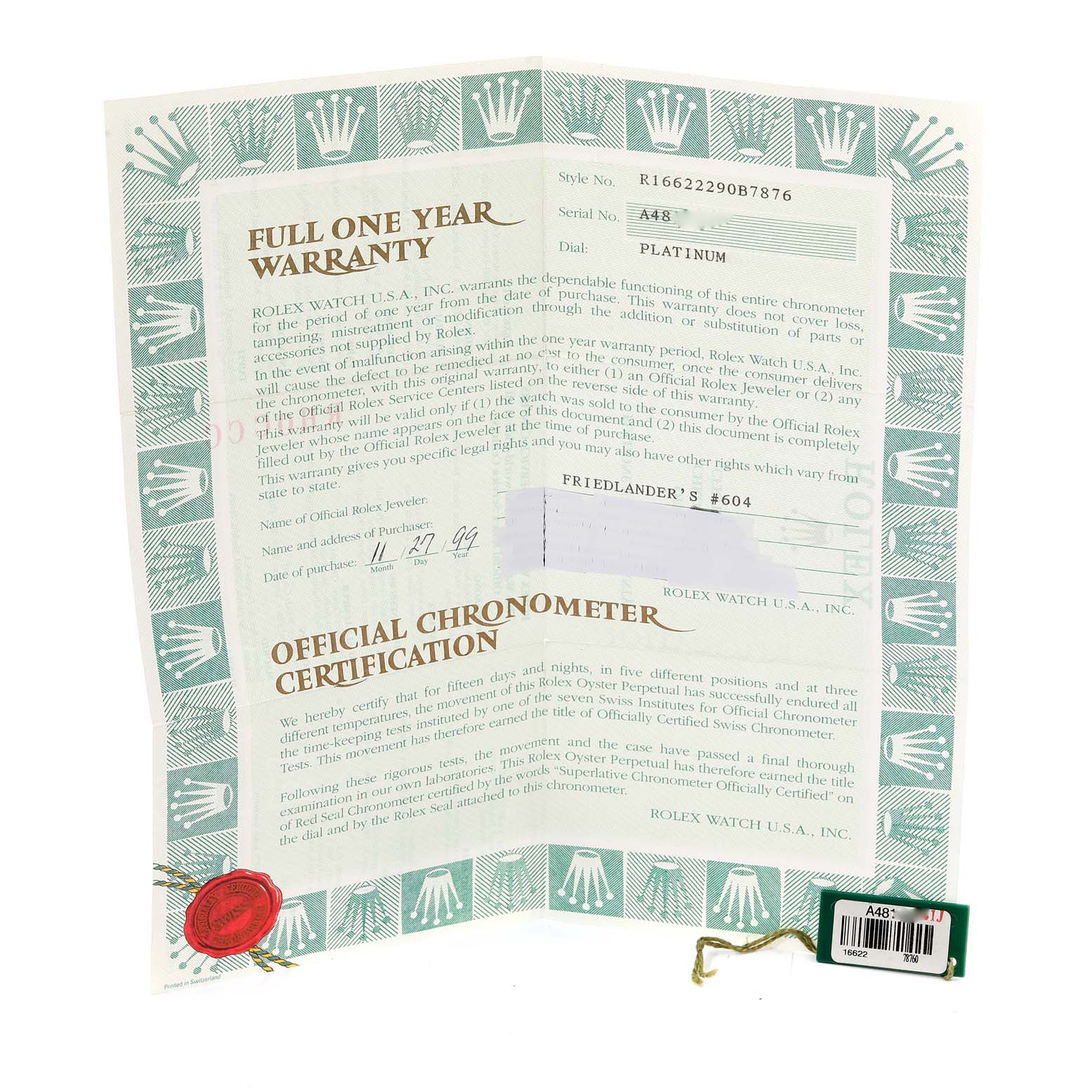 This image shows the full one-year warranty and chronometer certification documents for the Rolex Yacht-Master 16622 Men's Stainless Steel Silver Dial 16622 Men's Stainless Steel Silver Dial watch.