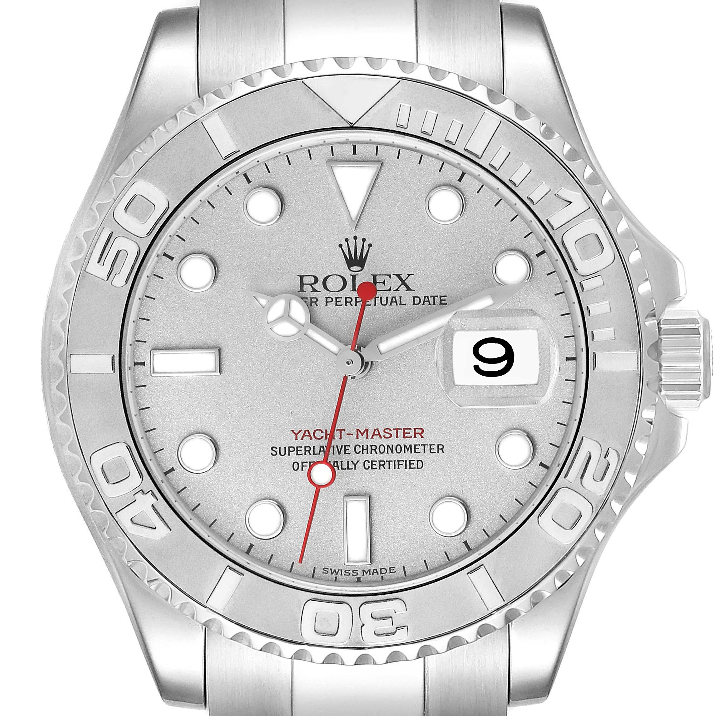 The image shows a front view of the Rolex Yacht-Master 16622 Men's Stainless Steel Silver Dial 16622 Men's Stainless Steel Silver Dial watch, displaying the dial, bezel, and crown.