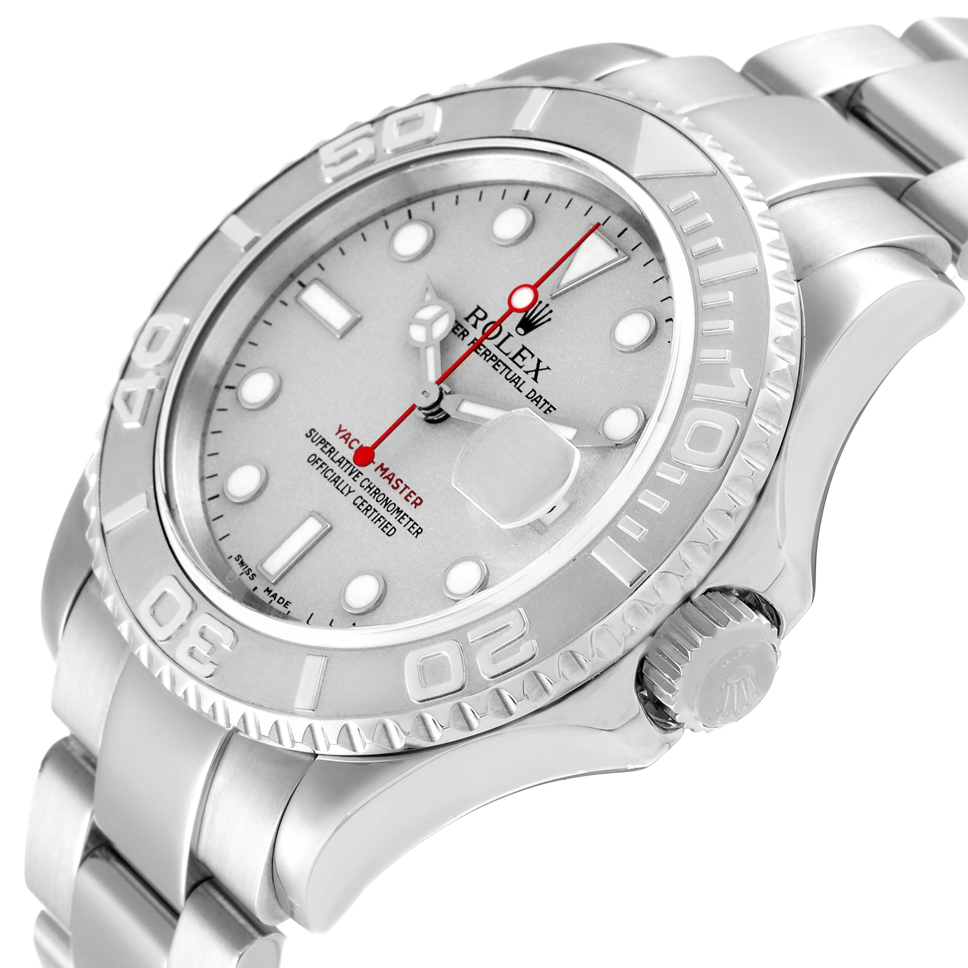 The image shows a close-up, three-quarter view of the Rolex Yacht-Master 16622 Men's Stainless Steel Silver Dial 16622 Men's Stainless Steel Silver Dial watch, highlighting part of the stainless steel bracelet, bezel, face, and crown.