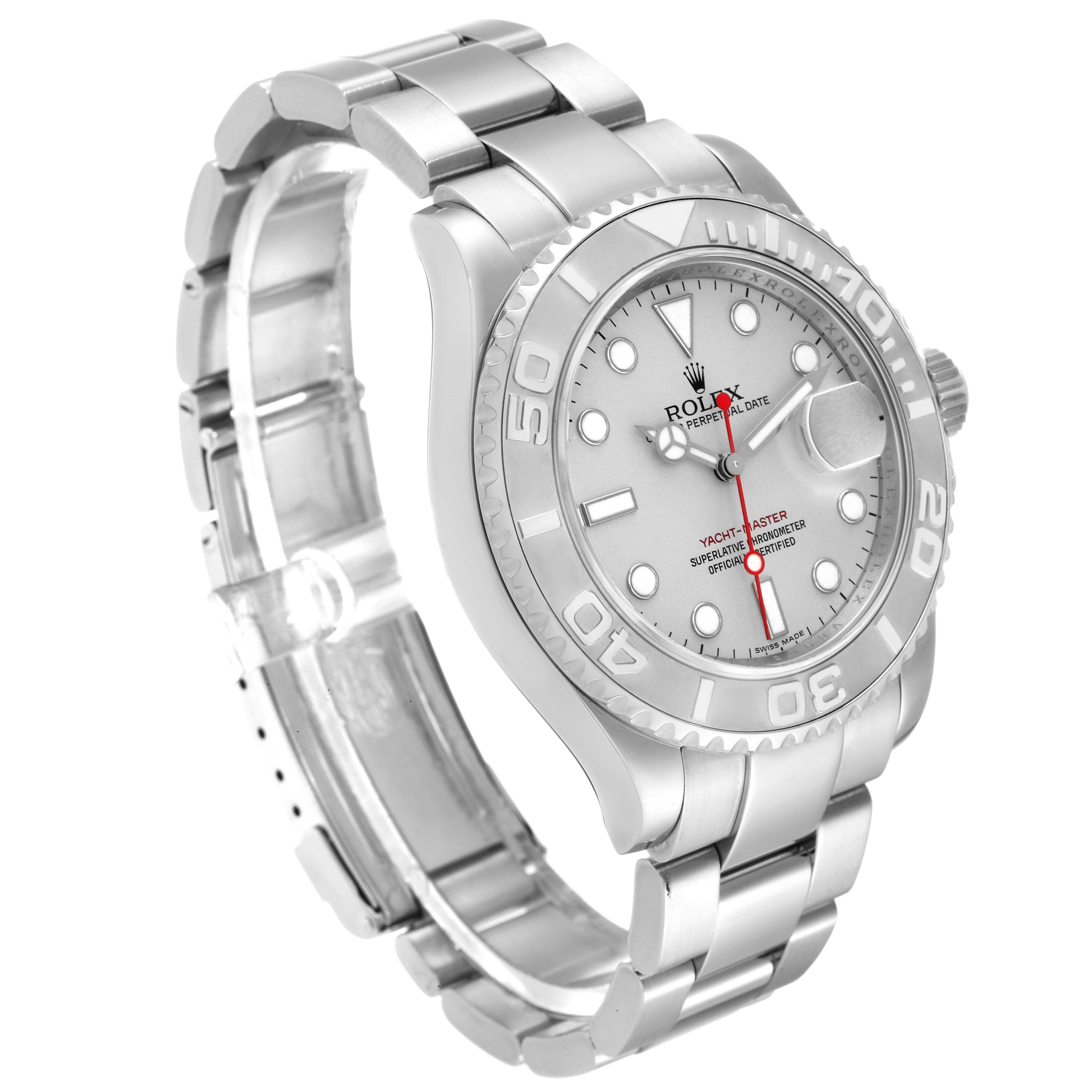 The Rolex Yacht-Master 16622 Men's Stainless Steel Silver Dial 16622 Men's Stainless Steel Silver Dial watch is shown at a three-quarter angle, highlighting its silver bracelet and detailed bezel.