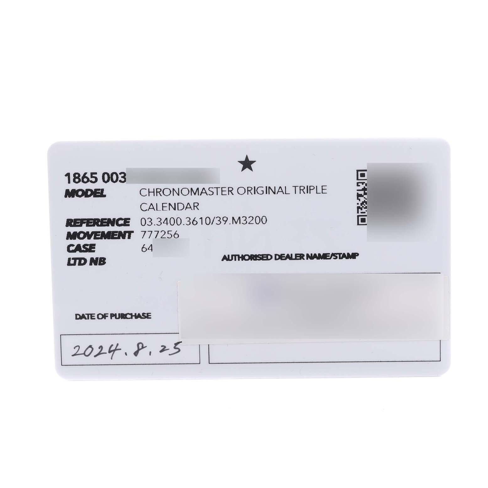 The image shows a Zenith Chronomaster 03.3400.3610/39.M3200 Men
s Stainless Steel Grey Dial 03.3400.3610/39.M3200 Men
s Stainless Steel Grey Dial model warranty card with details such as reference number and date of purchase.