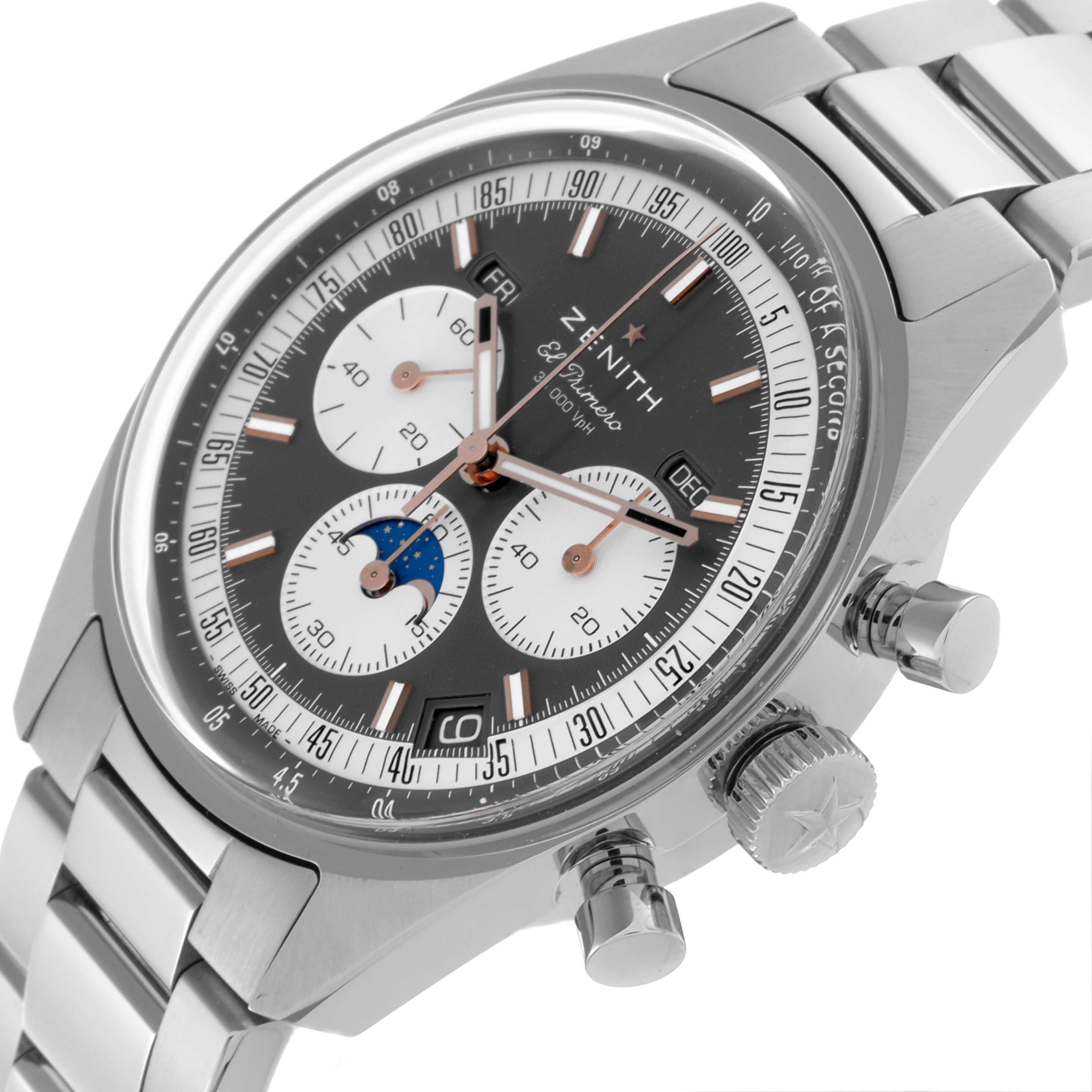 The Zenith Chronomaster 03.3400.3610/39.M3200 Men
s Stainless Steel Grey Dial 03.3400.3610/39.M3200 Men
s Stainless Steel Grey Dial watch is shown at a tilted angle, highlighting the dial, subdials, crown, and bracelet.