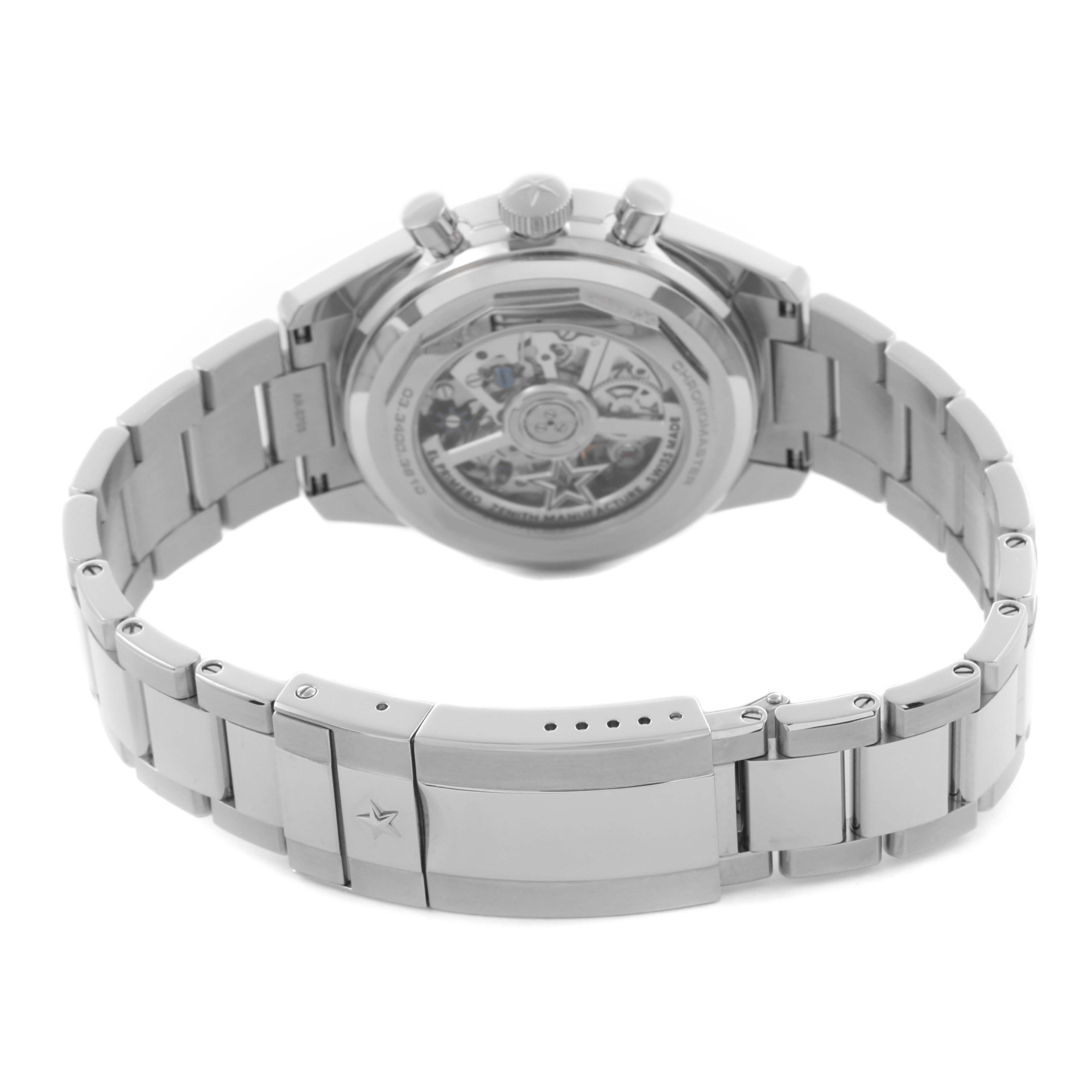 The Zenith Chronomaster 03.3400.3610/39.M3200 Men
s Stainless Steel Grey Dial 03.3400.3610/39.M3200 Men
s Stainless Steel Grey Dial watch is shown from the back, highlighting its movement and metal bracelet clasp.