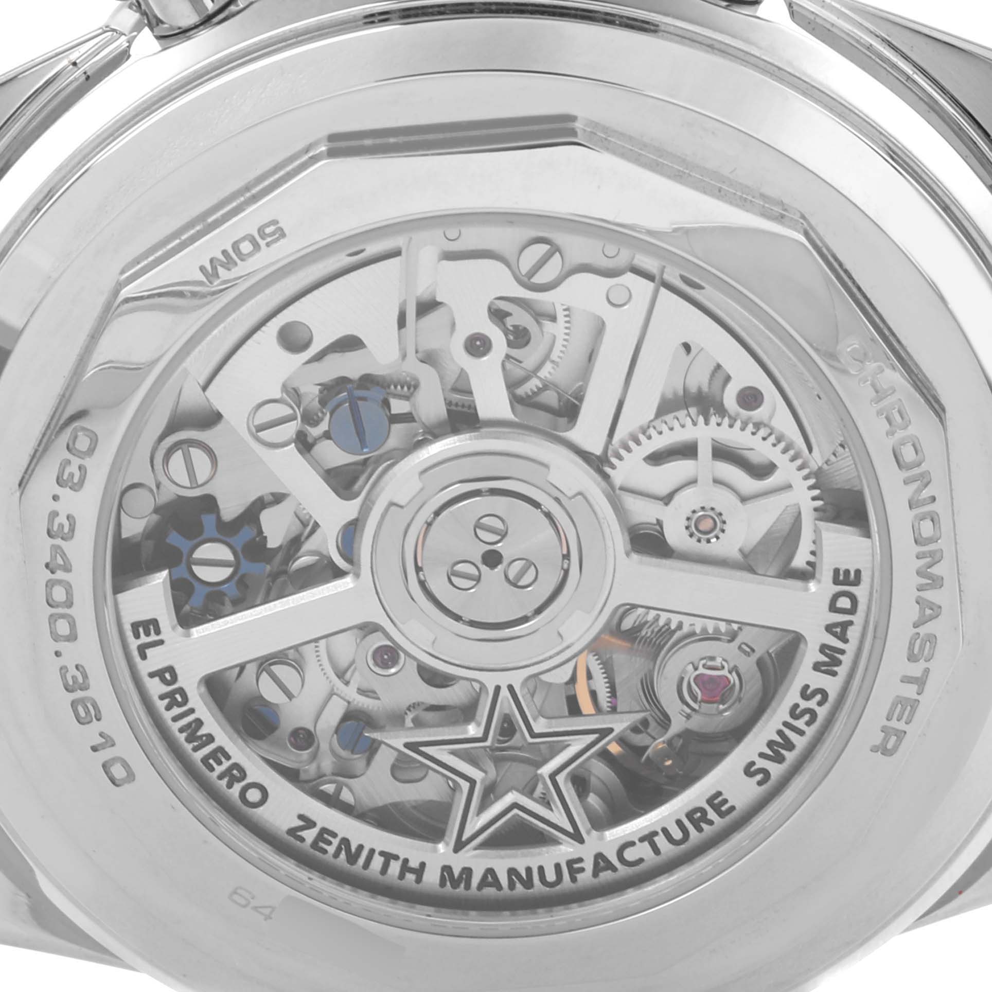 The image shows the back view of the Zenith Chronomaster 03.3400.3610/39.M3200 Men
s Stainless Steel Grey Dial 03.3400.3610/39.M3200 Men
s Stainless Steel Grey Dial, highlighting its movement and transparent casing.