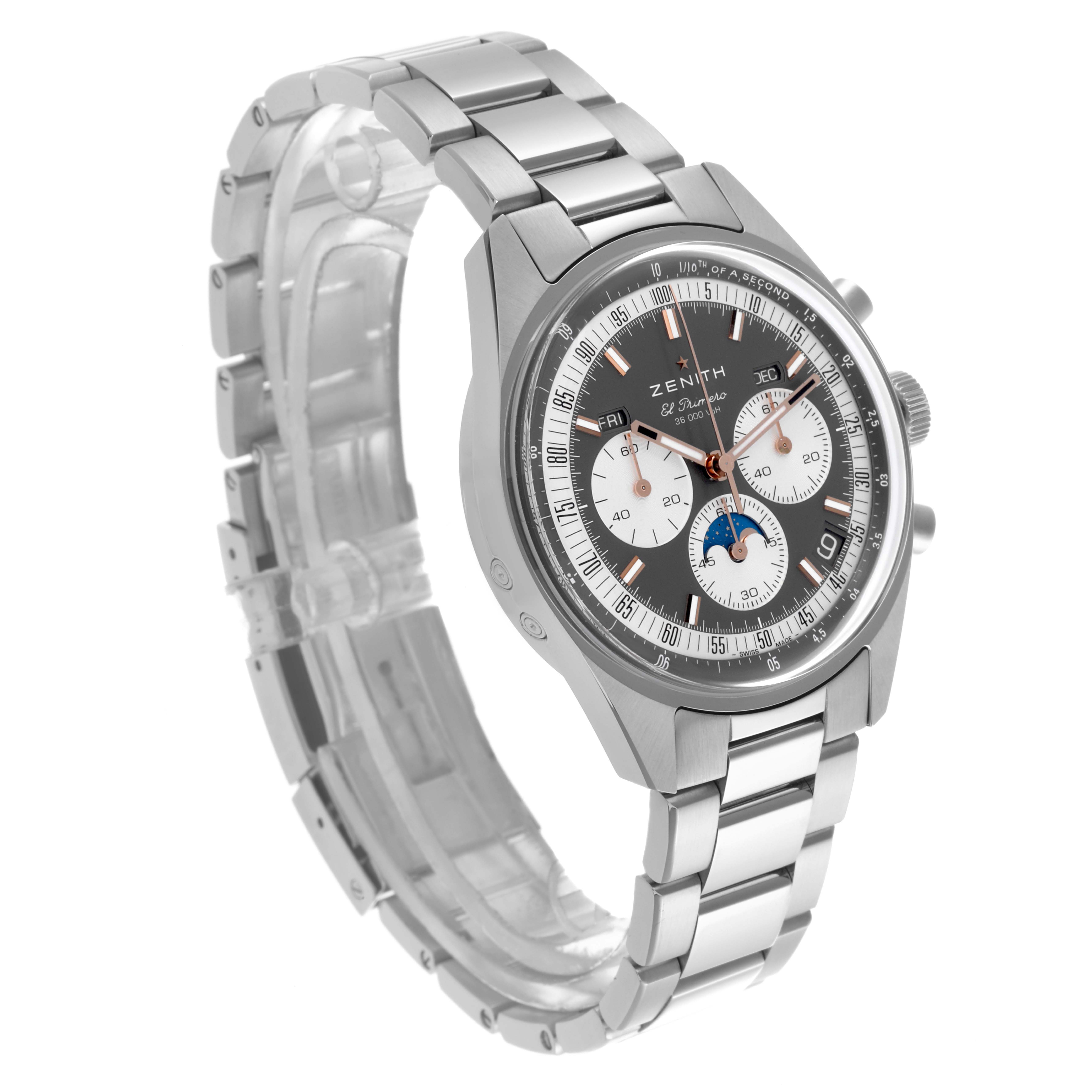 The Zenith Chronomaster 03.3400.3610/39.M3200 Men
s Stainless Steel Grey Dial 03.3400.3610/39.M3200 Men
s Stainless Steel Grey Dial watch is shown at a three-quarter angle, highlighting its dial, bezel, and stainless steel bracelet.