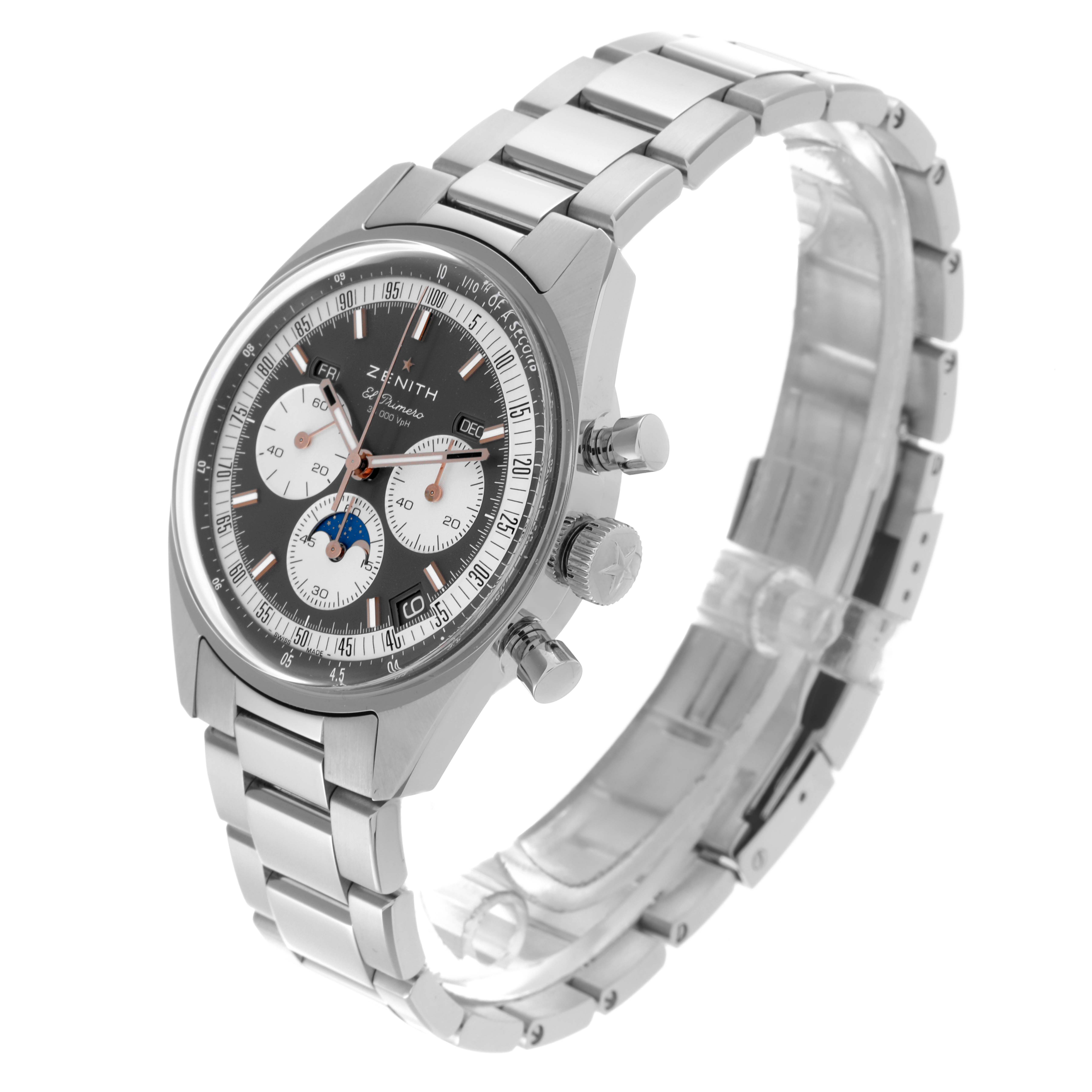 The Zenith Chronomaster 03.3400.3610/39.M3200 Men
s Stainless Steel Grey Dial 03.3400.3610/39.M3200 Men
s Stainless Steel Grey Dial watch is shown at a 3/4 angle, displaying the dial, bezel, pushers, crown, and bracelet.