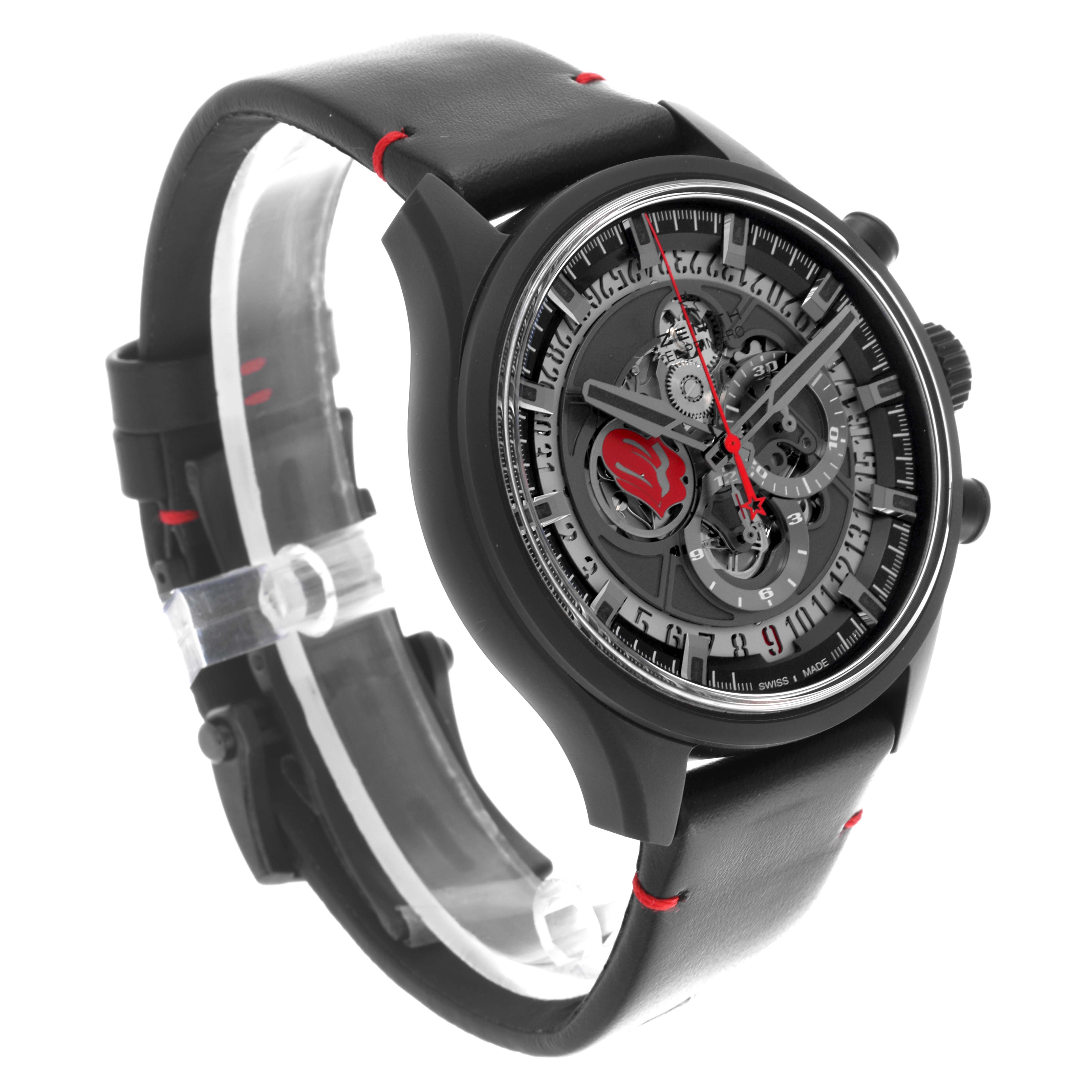 The Zenith El Primero 49.2521.400/98.C755 Men
s Ceramic Grey Dial 49.2521.400/98.C755 Men
s Ceramic Grey Dial watch is shown at an angled side view, highlighting the dial, strap, and side buttons.