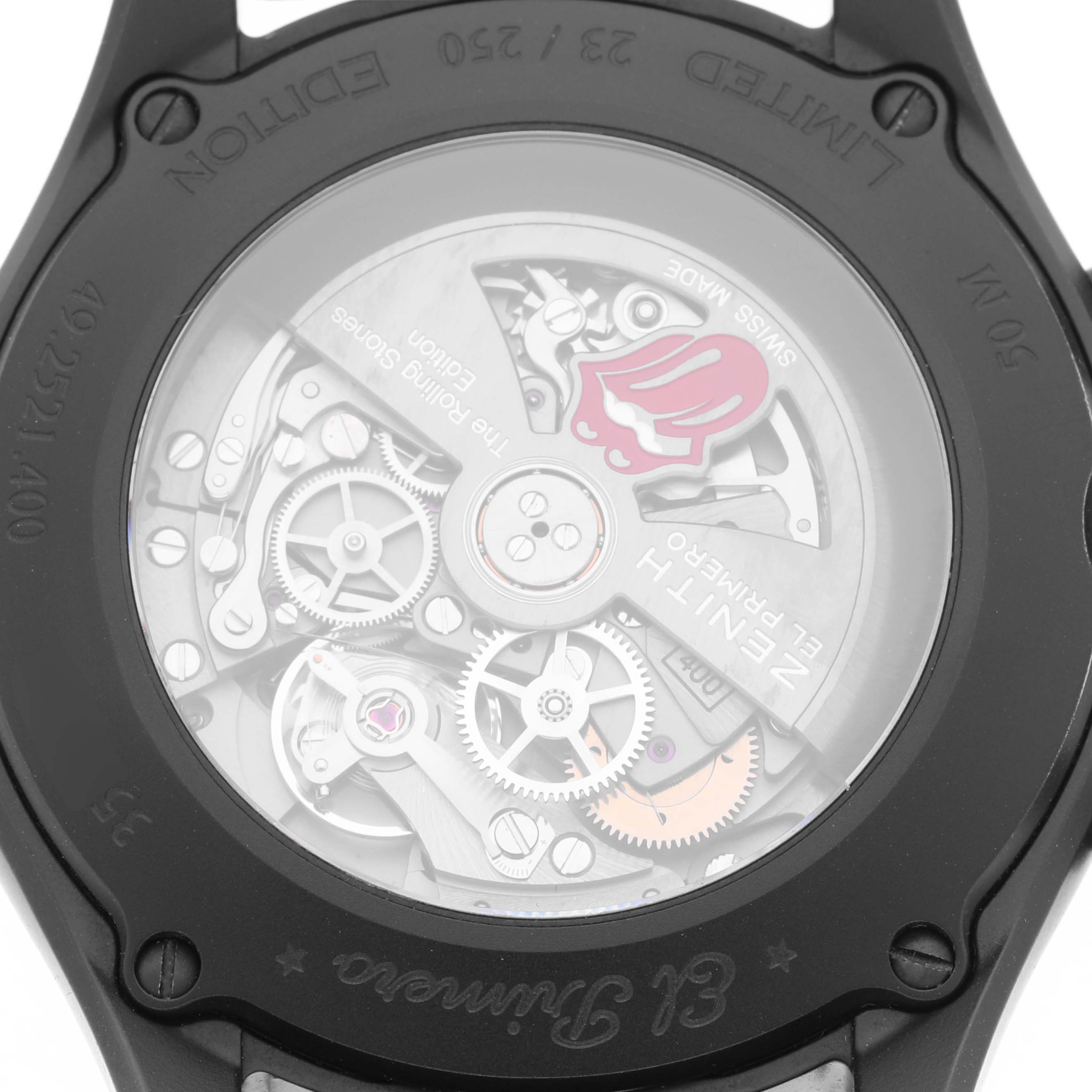 The Zenith El Primero 49.2521.400/98.C755 Men
s Ceramic Grey Dial 49.2521.400/98.C755 Men
s Ceramic Grey Dial watch is shown from a rear angle, displaying its intricate inner mechanisms through the case back.