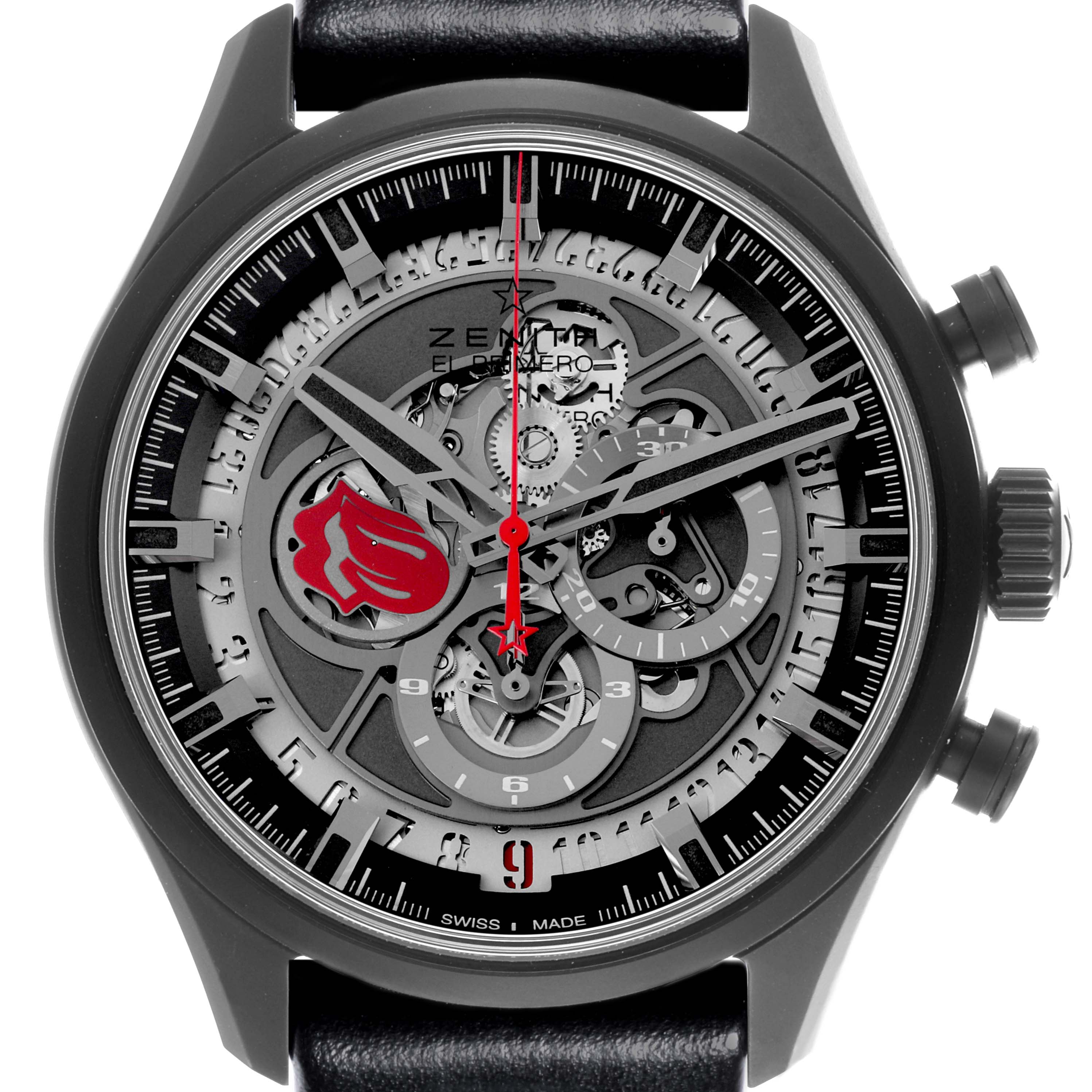 The Zenith El Primero 49.2521.400/98.C755 Men
s Ceramic Grey Dial 49.2521.400/98.C755 Men
s Ceramic Grey Dial watch is shown from a front angle, highlighting the detailed skeleton dial and side crowns.