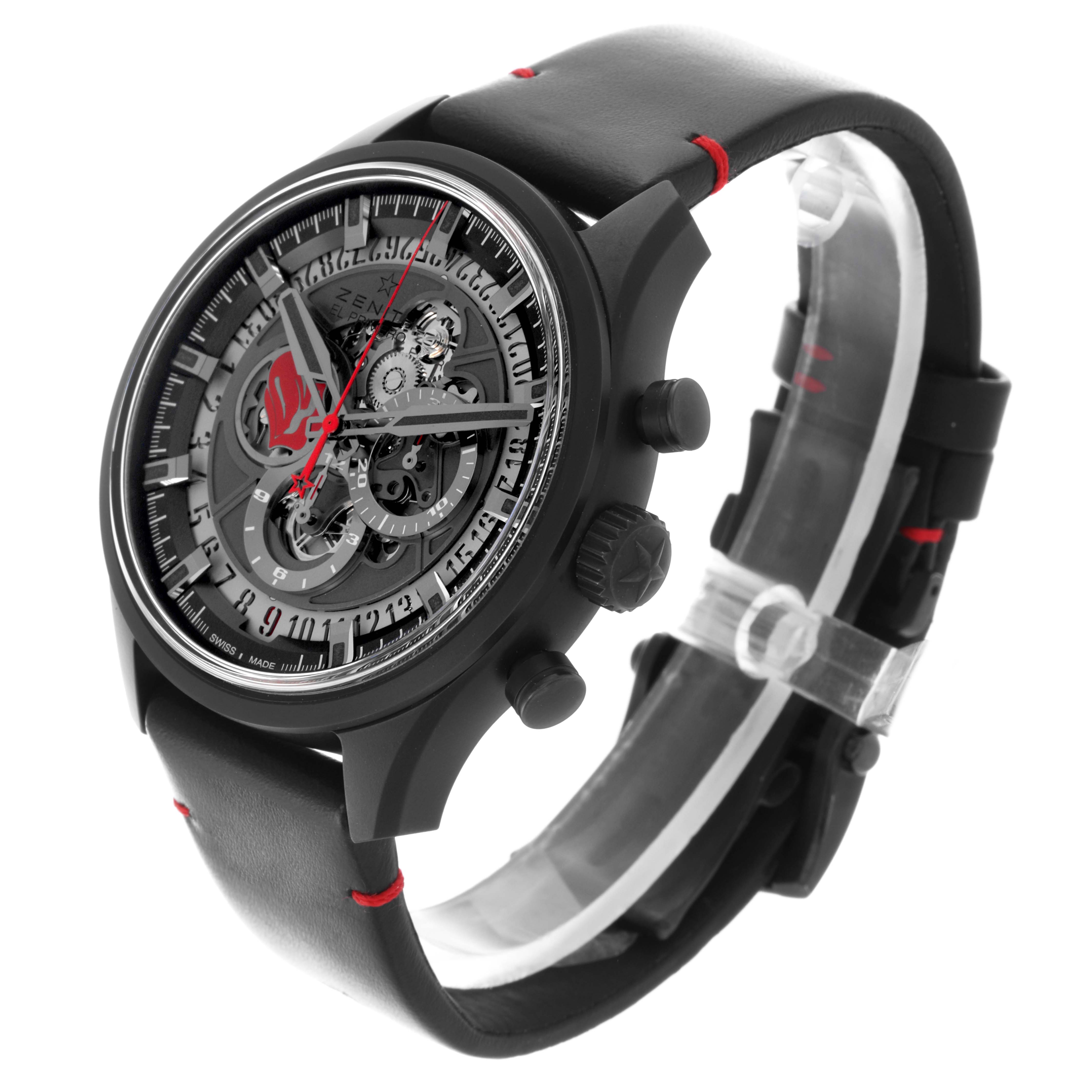 The Zenith El Primero 49.2521.400/98.C755 Men
s Ceramic Grey Dial 49.2521.400/98.C755 Men
s Ceramic Grey Dial watch is shown at a side angle, highlighting the face, crown, and part of the strap.