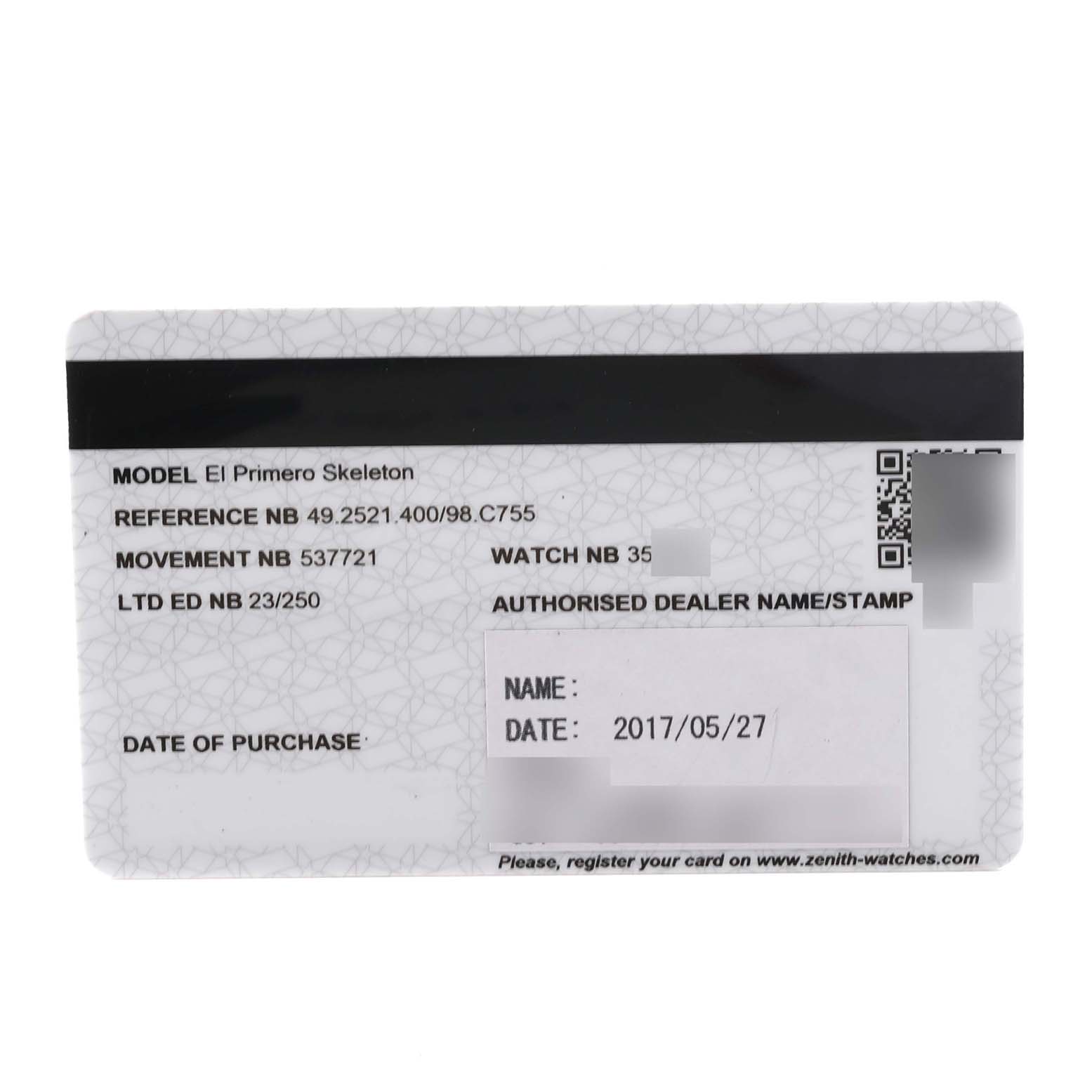 The image shows the warranty card for the Zenith El Primero 49.2521.400/98.C755 Men
s Ceramic Grey Dial 49.2521.400/98.C755 Men
s Ceramic Grey Dial model, displaying details like reference and purchase date.