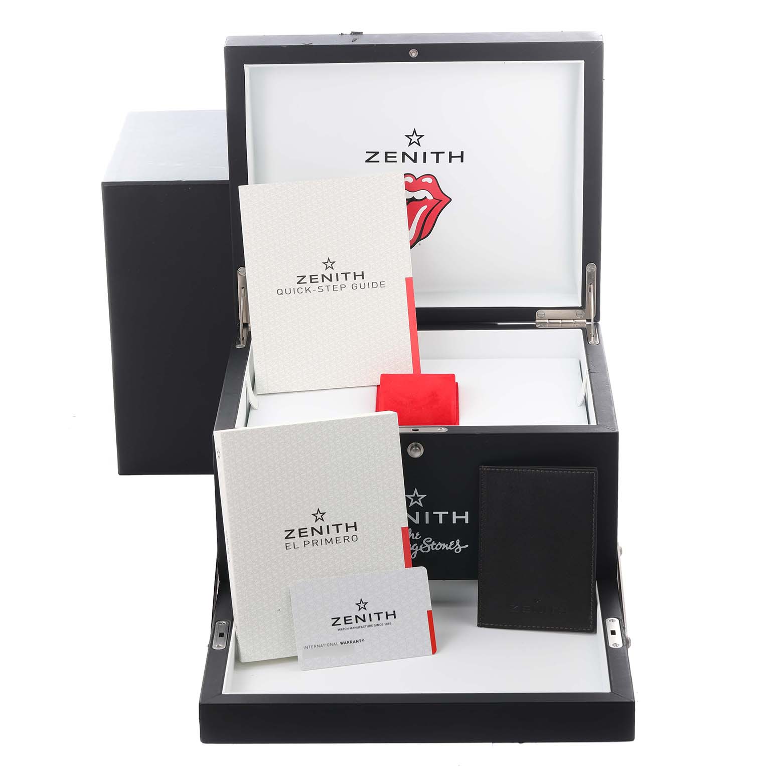 The image shows the Zenith El Primero 49.2521.400/98.C755 Men
s Ceramic Grey Dial 49.2521.400/98.C755 Men
s Ceramic Grey Dial watch box open, with manuals and accessories displayed inside.