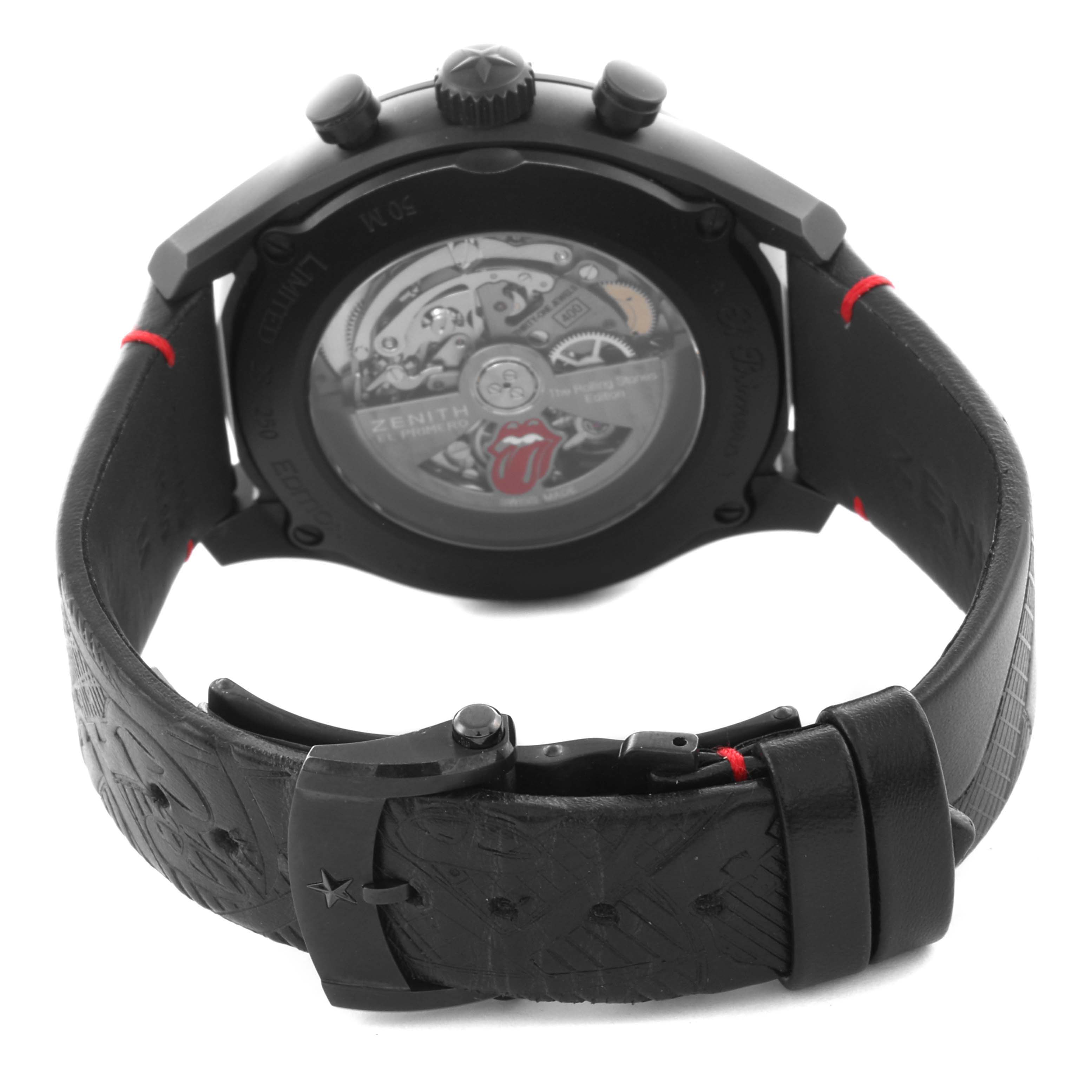 The Zenith El Primero 49.2521.400/98.C755 Men
s Ceramic Grey Dial 49.2521.400/98.C755 Men
s Ceramic Grey Dial watch is shown from the back, displaying its transparent caseback and leather strap with a buckle.