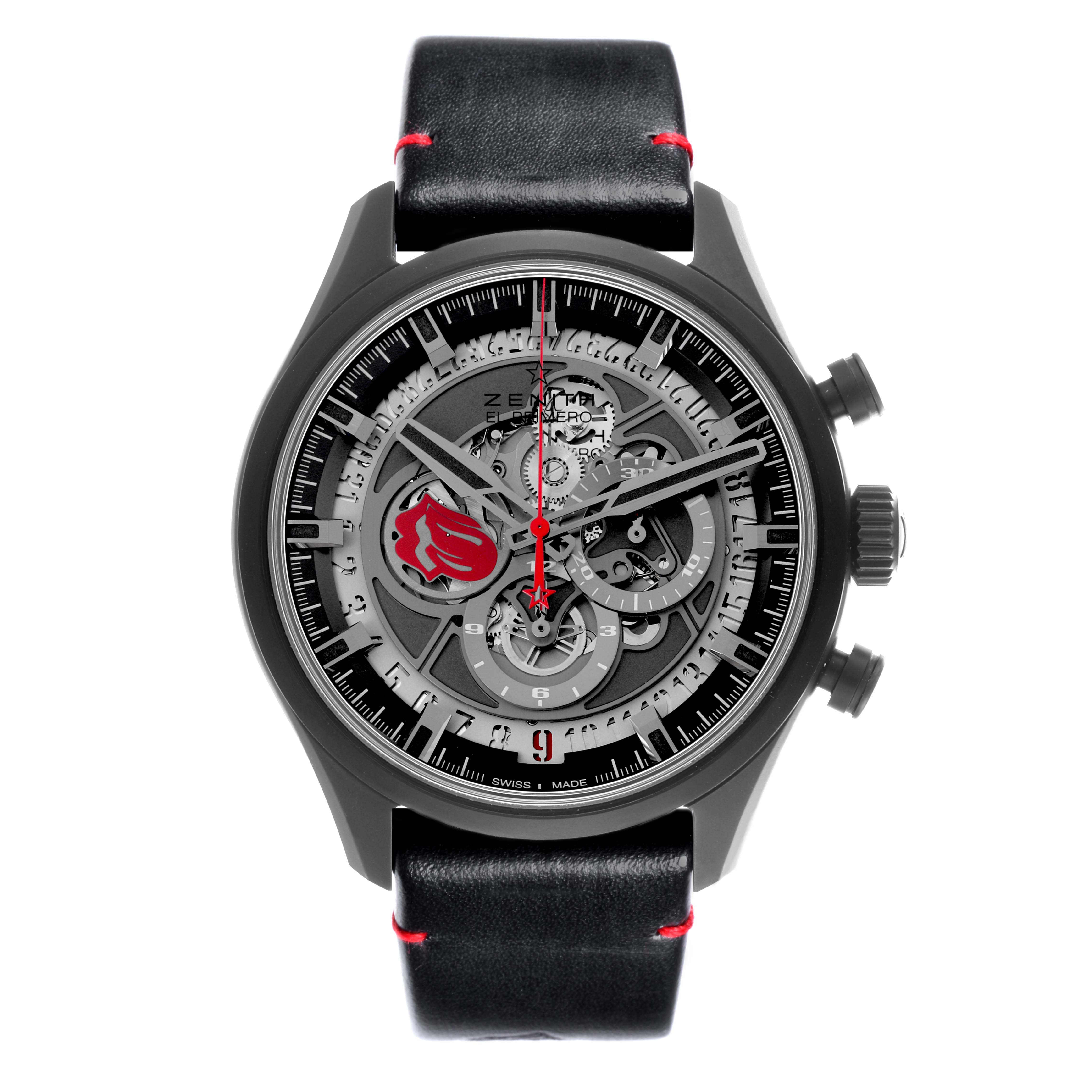 The Zenith El Primero 49.2521.400/98.C755 Men
s Ceramic Grey Dial 49.2521.400/98.C755 Men
s Ceramic Grey Dial watch is shown from the front, highlighting its intricate skeleton dial and black leather strap with red stitching.