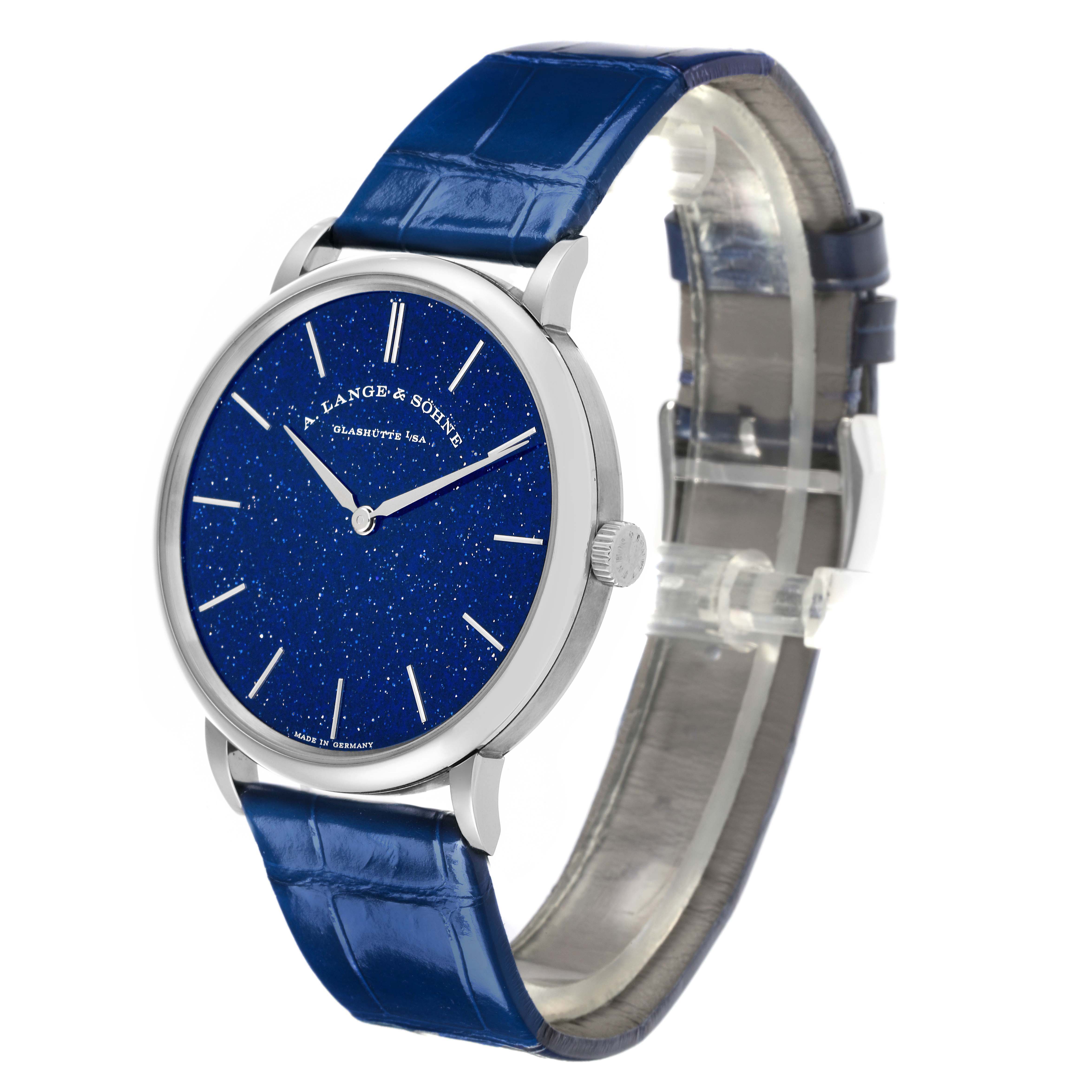 The A. Lange & Sohne Saxonia 205.086 Men's White Gold Blue Dial watch is shown at a slight angle, displaying the dial, case, crown, and blue strap clearly.