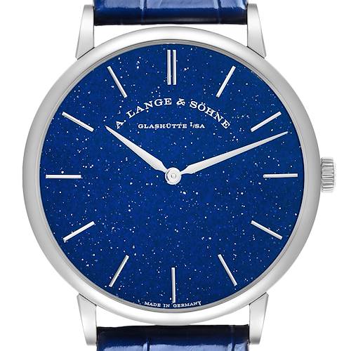 The A. Lange & Sohne Saxonia 205.086 Men's White Gold Blue Dial watch is shown from the front, highlighting its blue dial, silver markers, and leather strap.