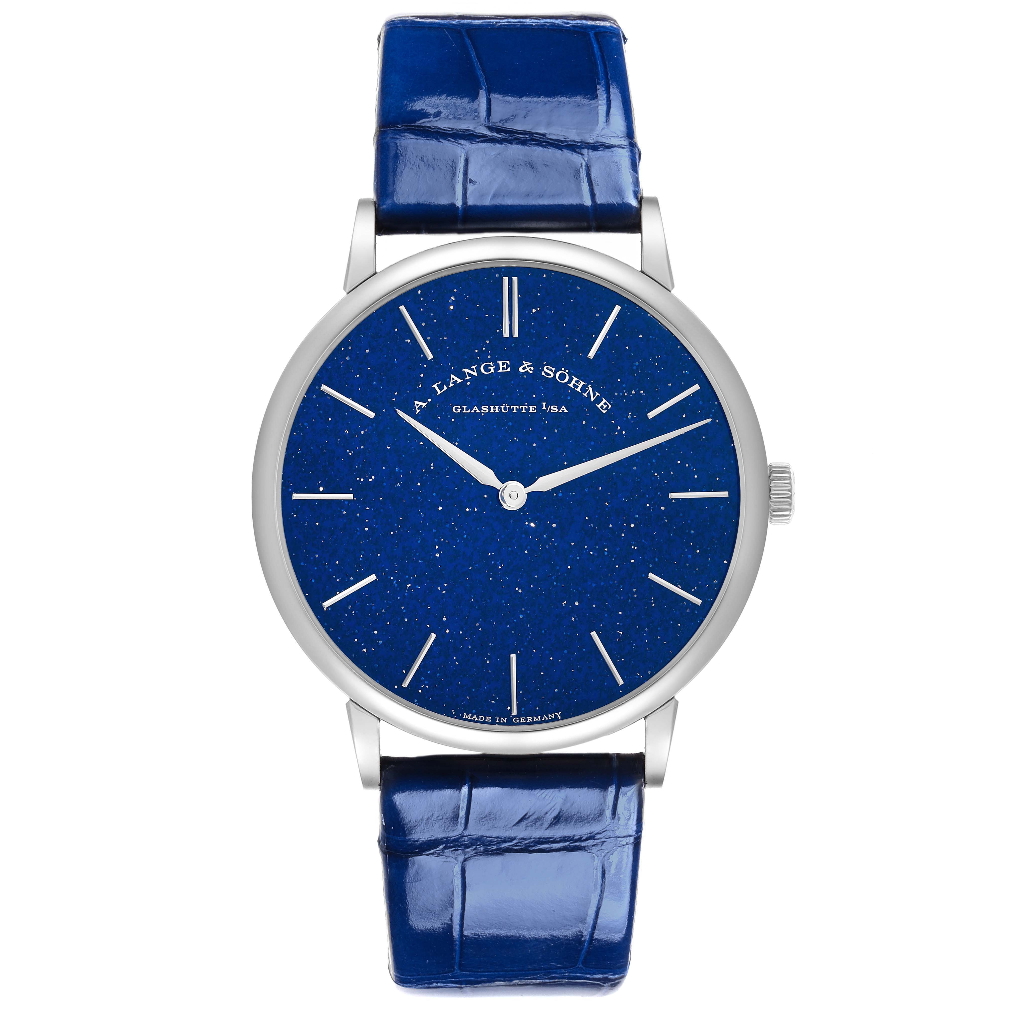 The A. Lange & Sohne Saxonia 205.086 Men's White Gold Blue Dial watch is shown from the front, displaying its blue dial and blue leather strap.