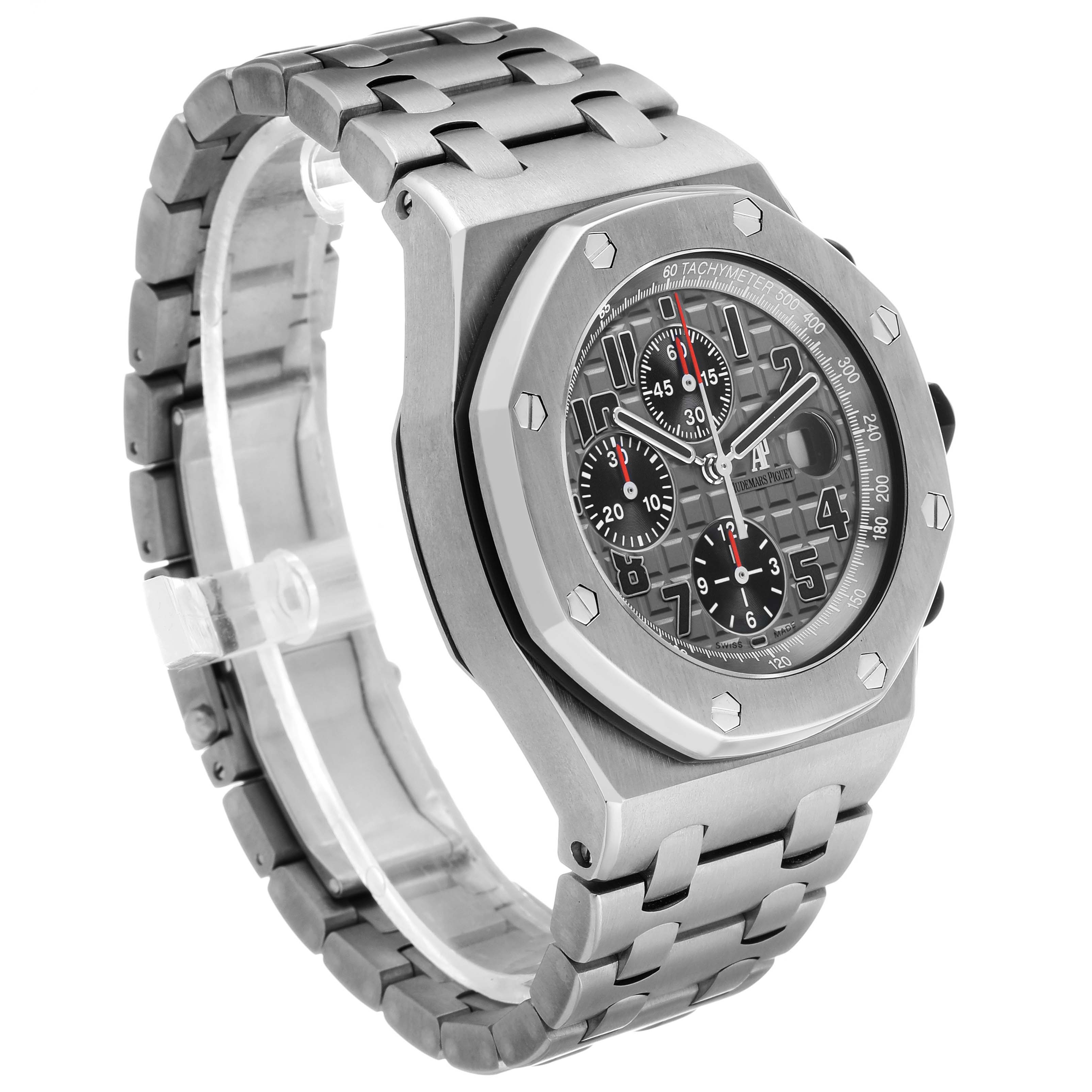 The Audemars Piguet Royal Oak Offshore 26170TI.OO.1000TI.01 Men's Titanium Grey Dial watch is shown at a three-quarter angle, highlighting the case, bracelet, and bezel.
