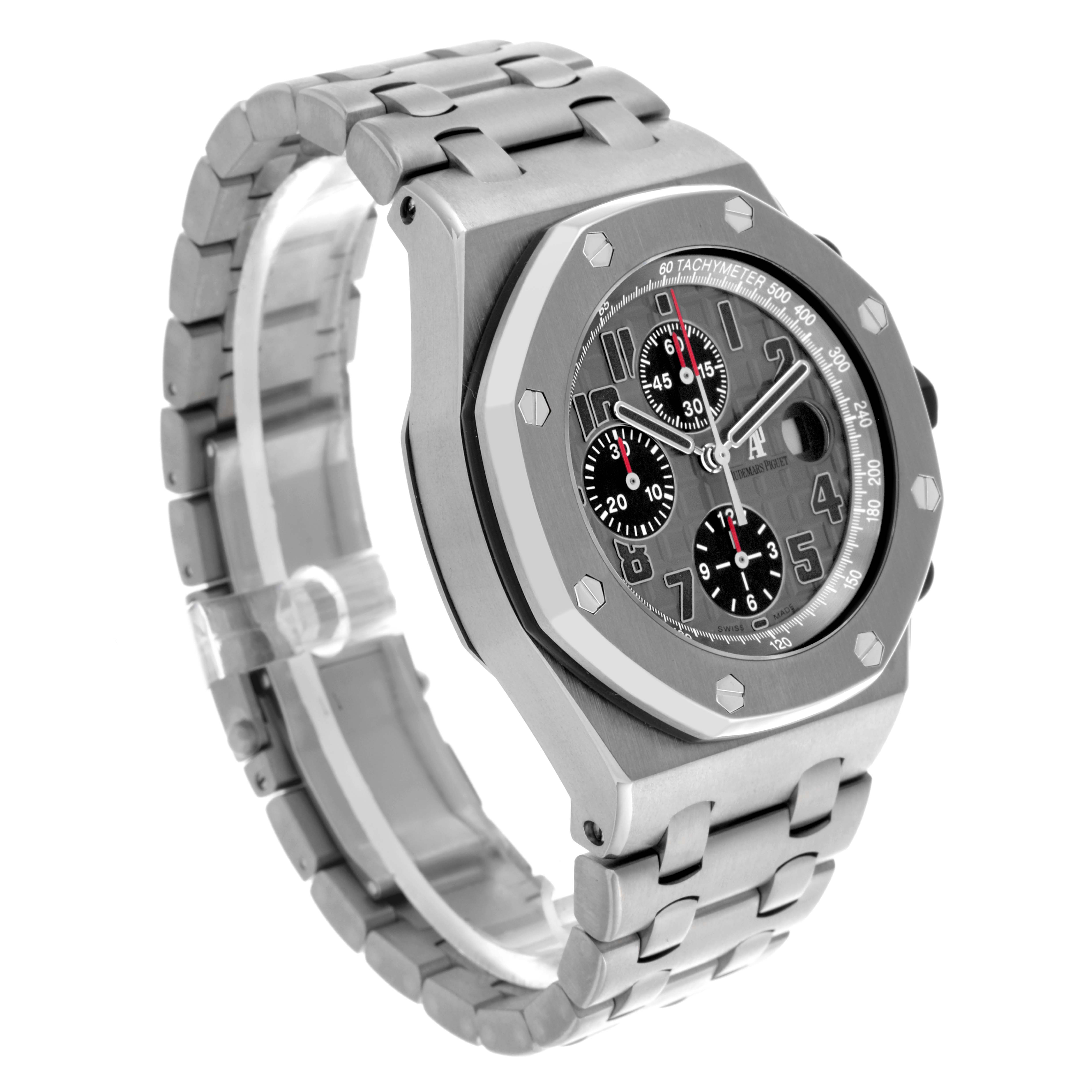 The Audemars Piguet Royal Oak Offshore 26170TI.OO.1000TI.01 Men's Titanium Grey Dial 26170TI.OO.1000TI.01 Men's Titanium Grey Dial watch is shown at a three-quarter angle, highlighting its face, bezel, bracelet, and side profile.