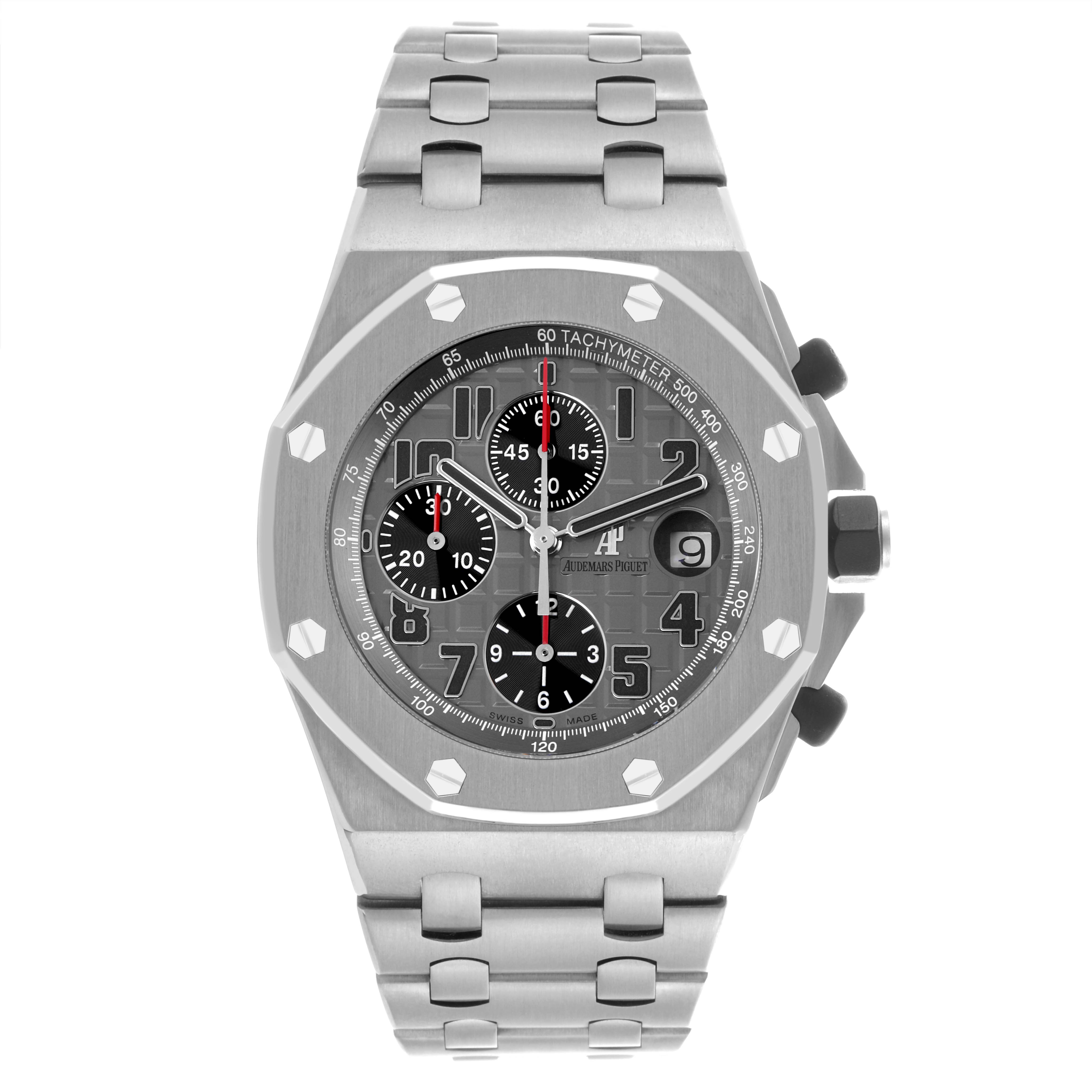 The Audemars Piguet Royal Oak Offshore 26170TI.OO.1000TI.01 Men's Titanium Grey Dial 26170TI.OO.1000TI.01 Men's Titanium Grey Dial watch is shown from a front angle, highlighting the face, bezel, and bracelet.