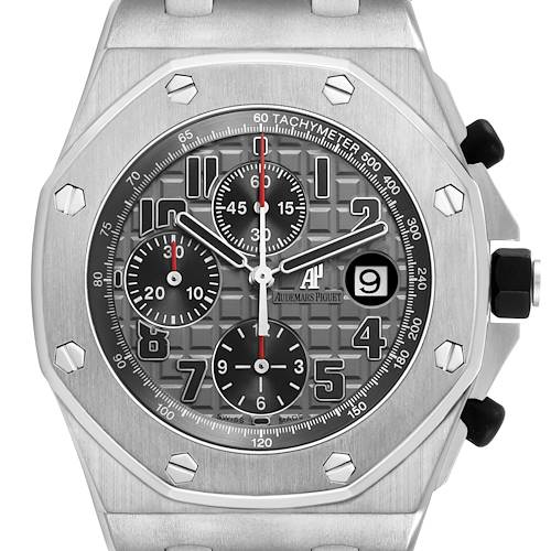 The image shows a front view of the Audemars Piguet Royal Oak Offshore 26170TI.OO.1000TI.01 Men's Titanium Grey Dial, highlighting the dial, bezel, and pushers.