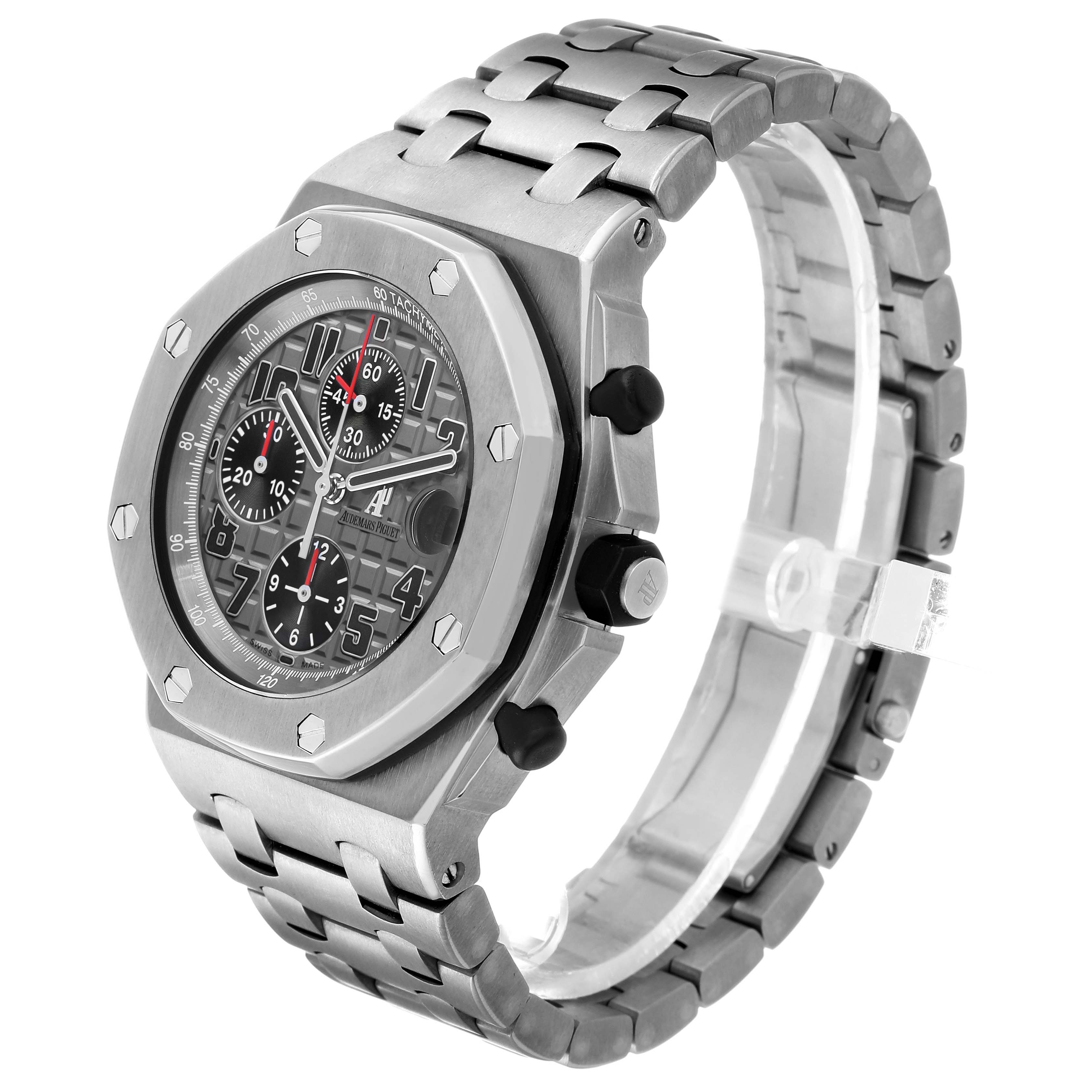The image shows the Audemars Piguet Royal Oak Offshore 26170TI.OO.1000TI.01 Men's Titanium Grey Dial watch at a three-quarter angle, highlighting the face, bezel, and bracelet.