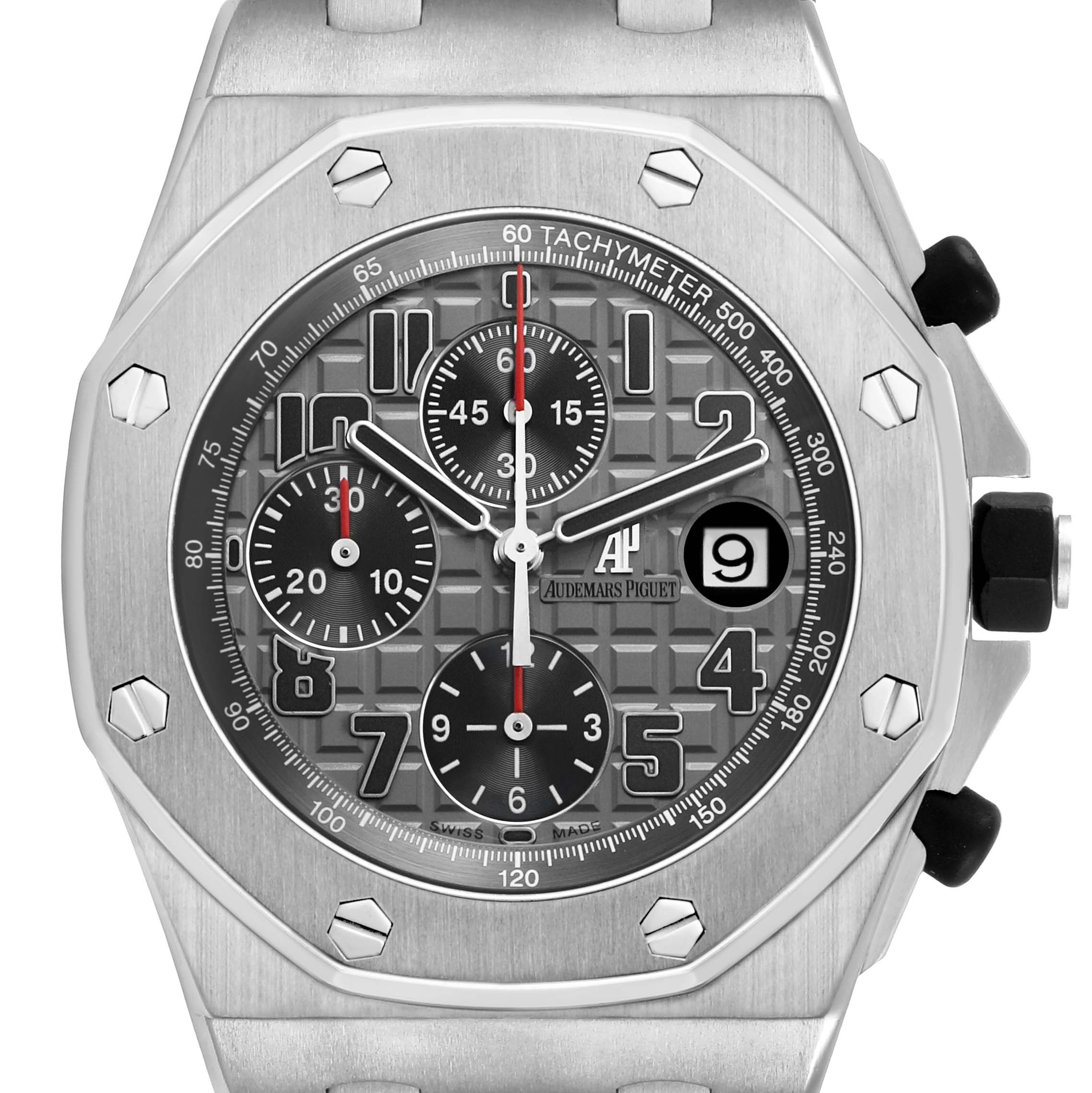The image shows a close-up of the Royal Oak Offshore by Audemars Piguet, highlighting the dial, bezel, and chronograph subdials.