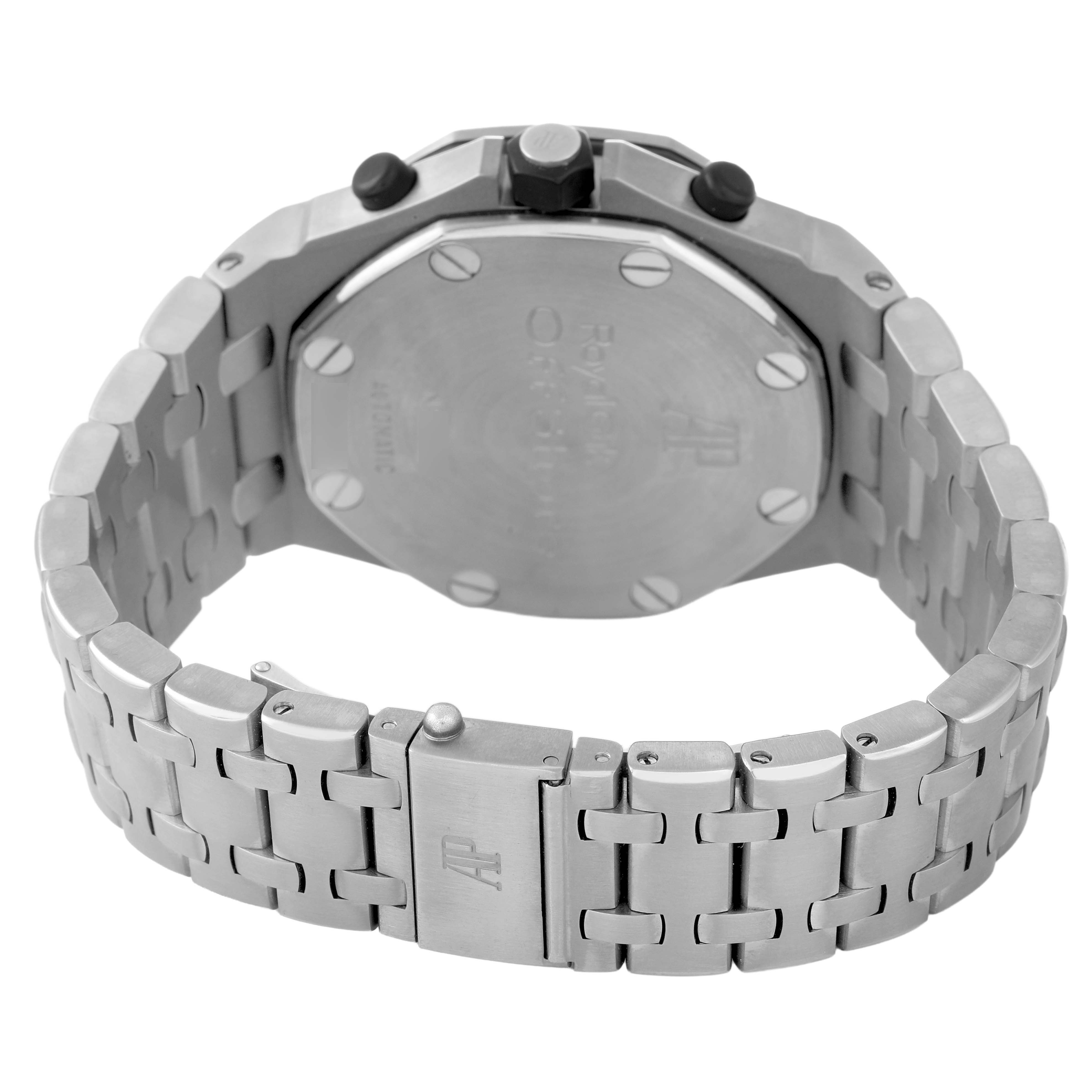 The image shows the back view of an Audemars Piguet Royal Oak Offshore 26170TI.OO.1000TI.01 Men's Titanium Grey Dial watch, highlighting the case back, bracelet, and clasp.
