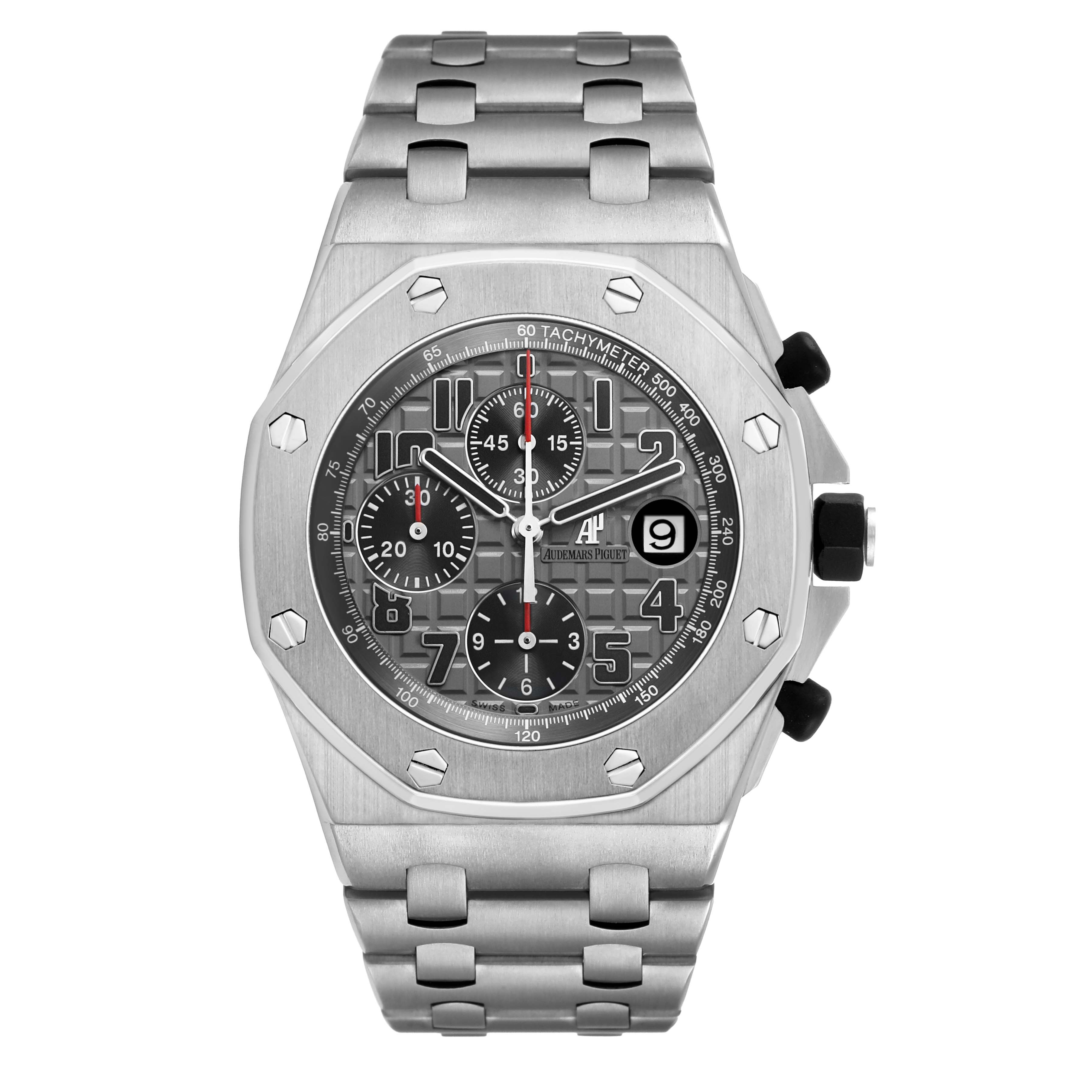The image shows a front view of the Audemars Piguet Royal Oak Offshore 26170TI.OO.1000TI.01 Men's Titanium Grey Dial watch, highlighting its dial, bezel, and bracelet.