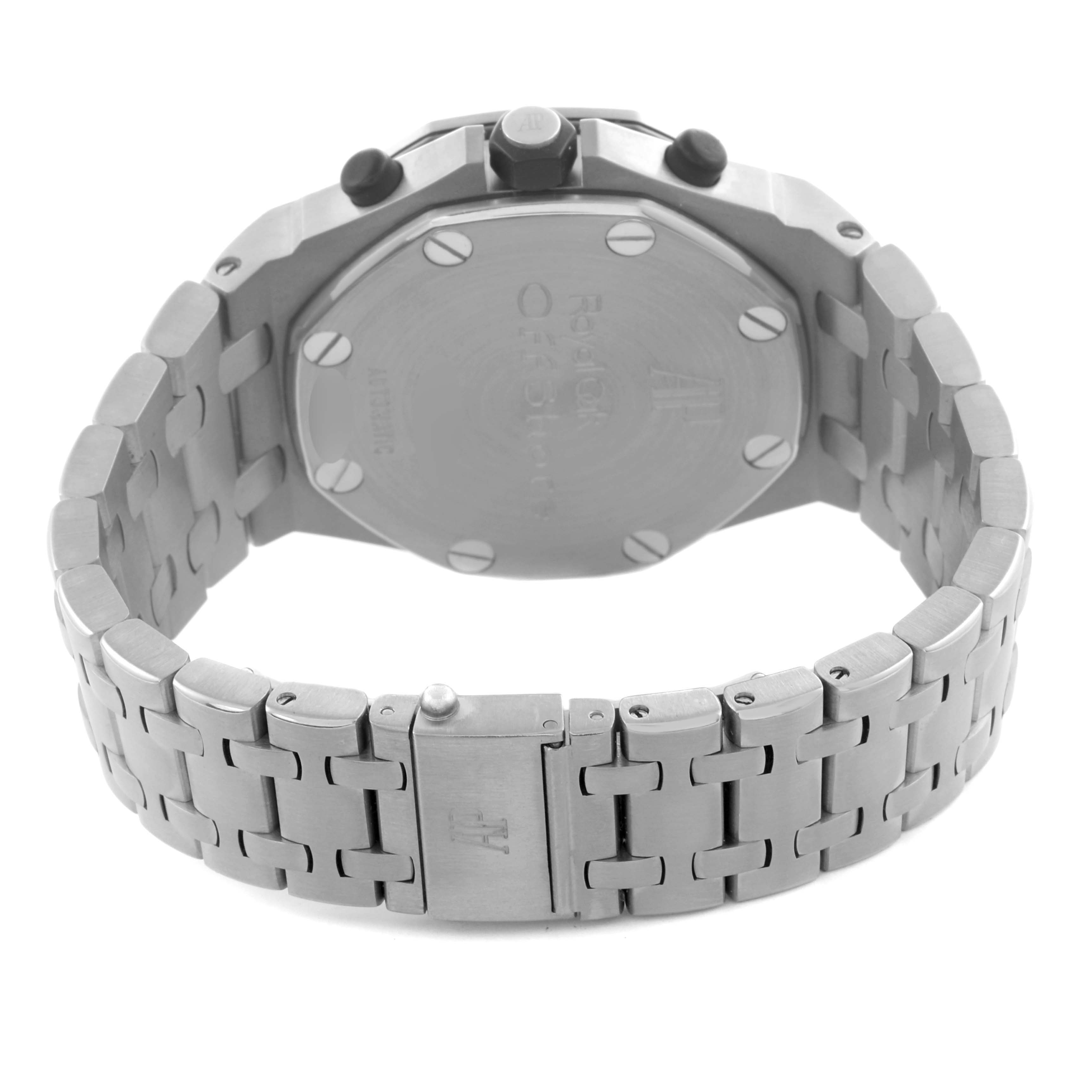 The image shows the back view of an Audemars Piguet Royal Oak Offshore 26170TI.OO.1000TI.01 Men's Titanium Grey Dial 26170TI.OO.1000TI.01 Men's Titanium Grey Dial watch, highlighting its case back and stainless steel bracelet.