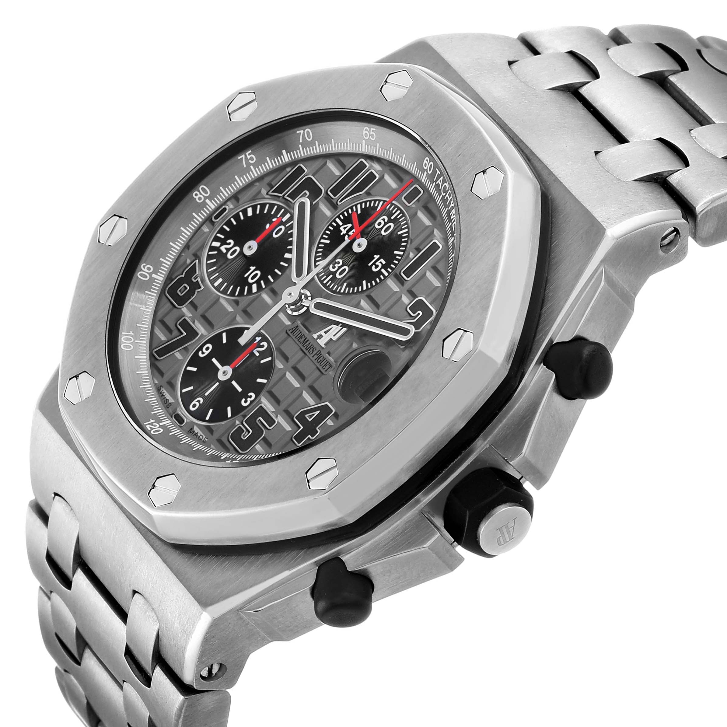 The Audemars Piguet Royal Oak Offshore 26170TI.OO.1000TI.01 Men's Titanium Grey Dial is shown at a three-quarter angle, highlighting the dial, bezel, and side pushers.
