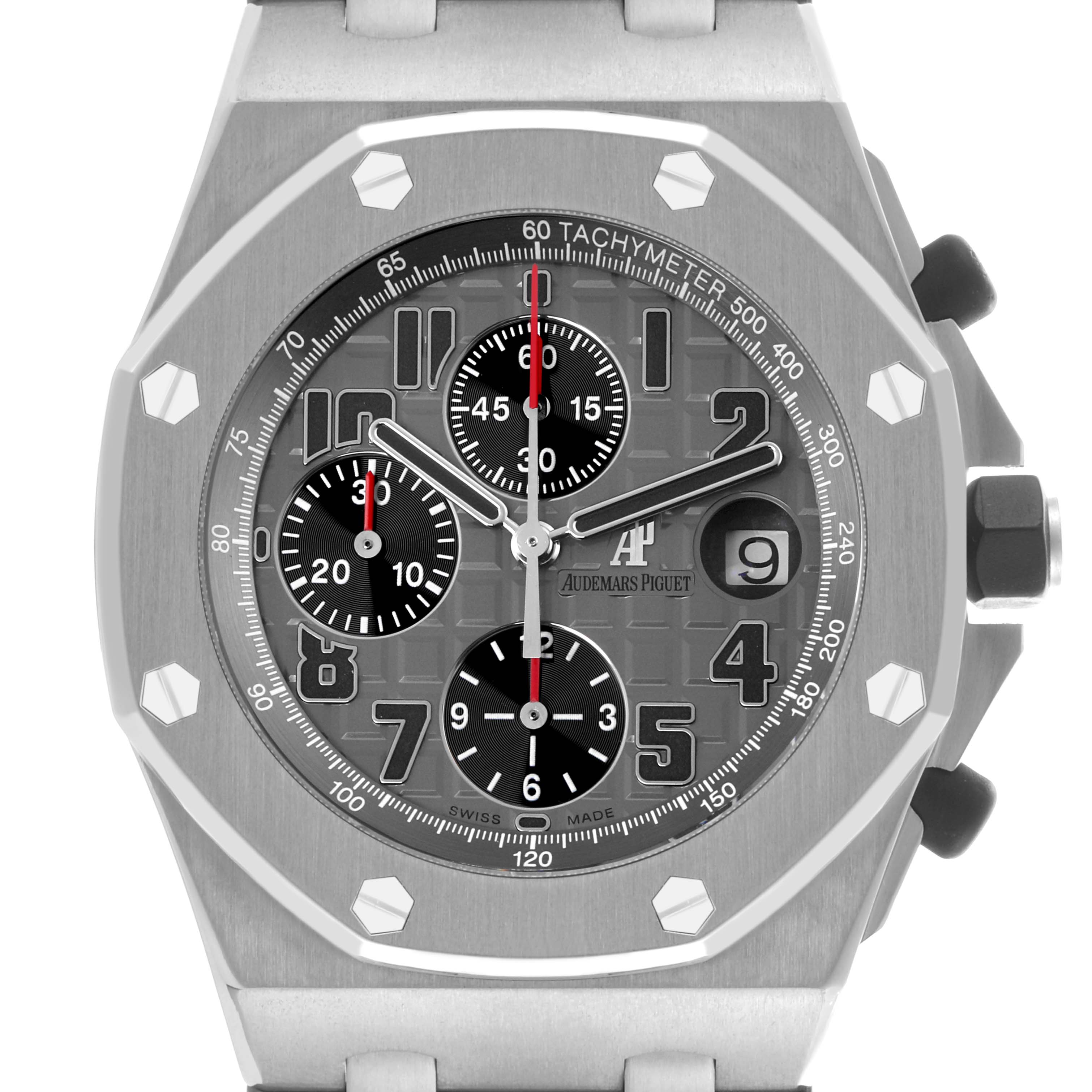 The image shows the front view of an Audemars Piguet Royal Oak Offshore 26170TI.OO.1000TI.01 Men's Titanium Grey Dial 26170TI.OO.1000TI.01 Men's Titanium Grey Dial watch, highlighting the tachymeter, subdials, and date window.