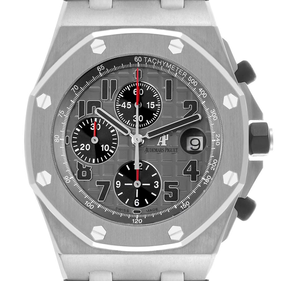 The image shows the front view of an Audemars Piguet Royal Oak Offshore watch, highlighting the tachymeter, subdials, and date window.