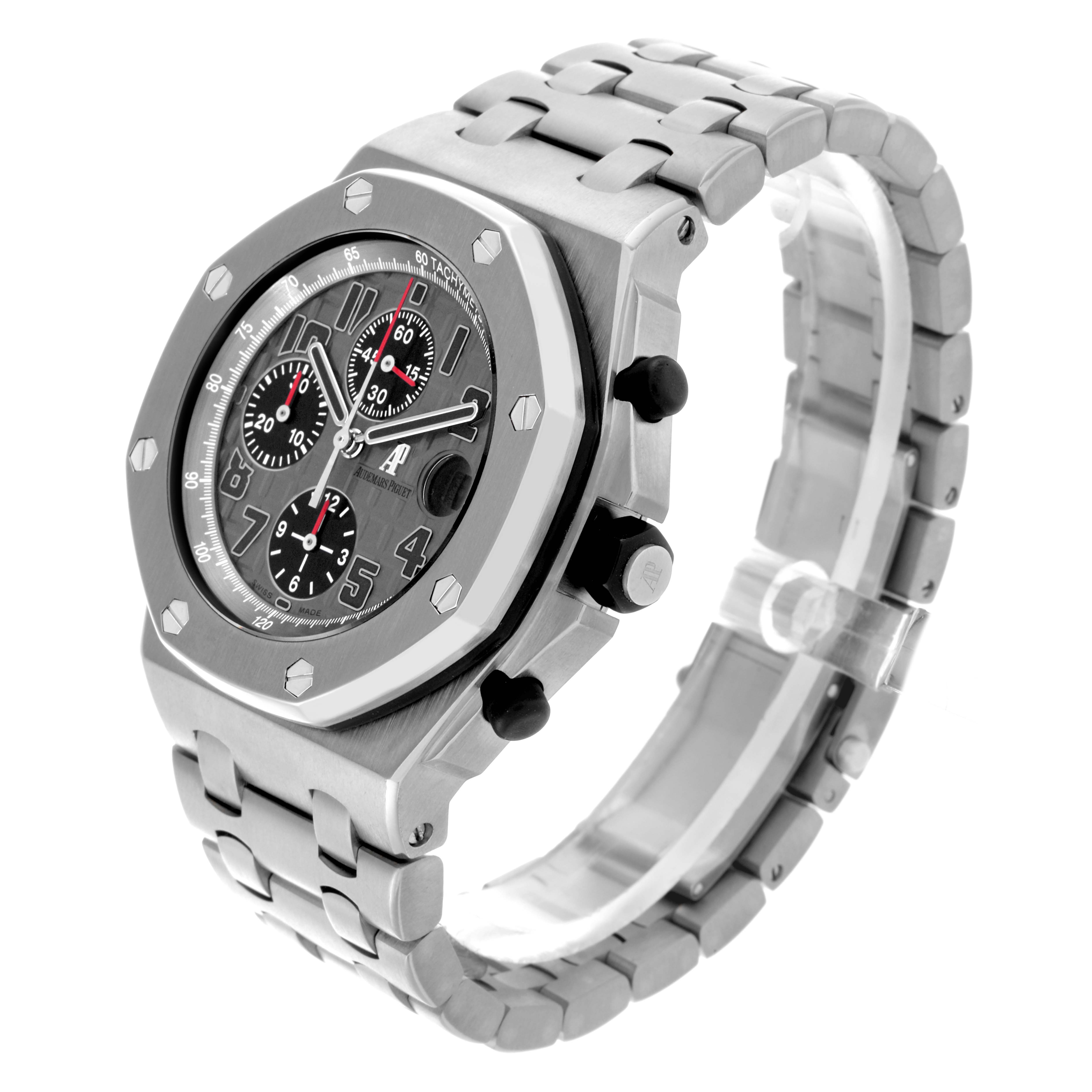 The Audemars Piguet Royal Oak Offshore 26170TI.OO.1000TI.01 Men's Titanium Grey Dial 26170TI.OO.1000TI.01 Men's Titanium Grey Dial watch is shown at a side angle, displaying its face, bezel, pushers, and bracelet.