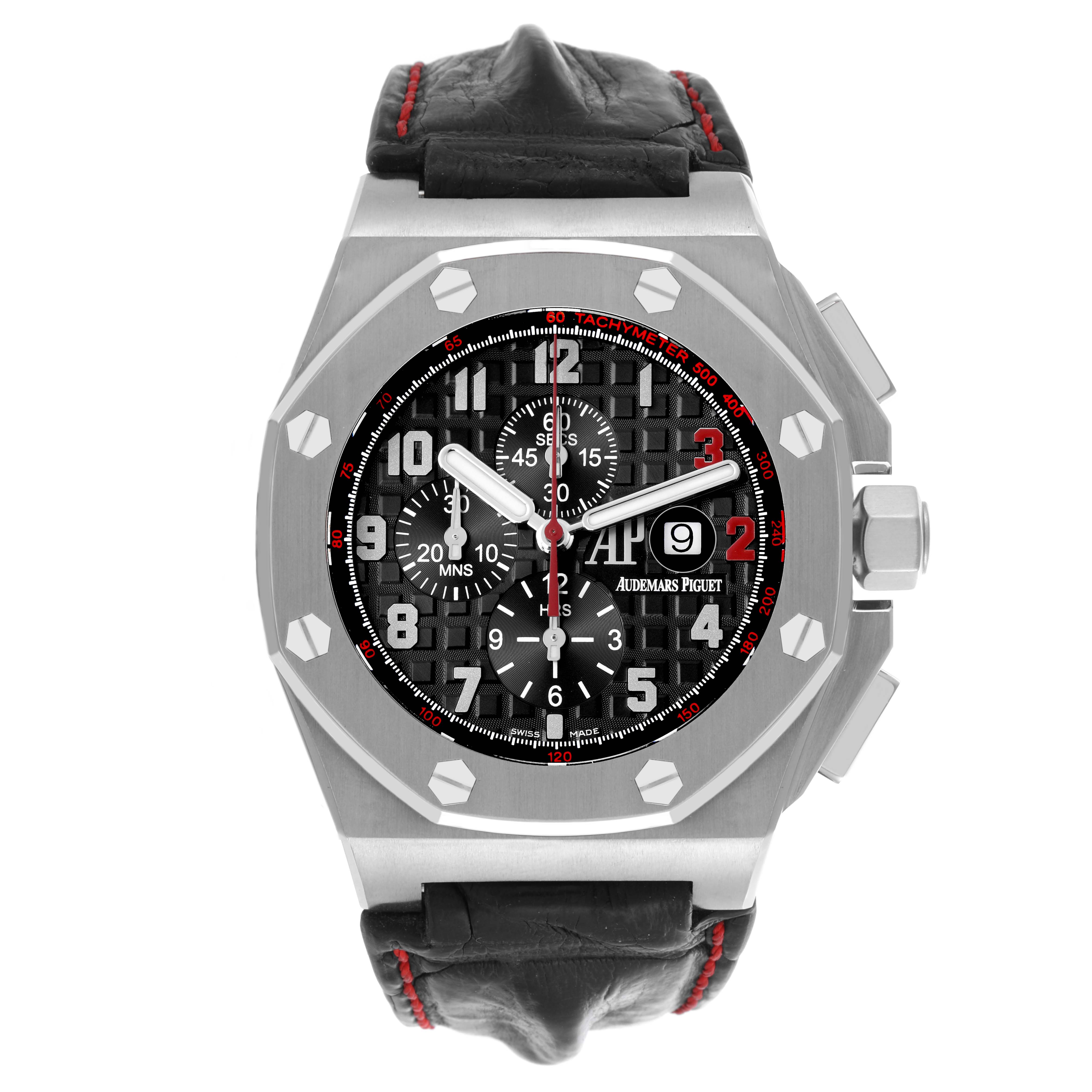 The Audemars Piguet Royal Oak Offshore 26133ST.OO.A101CR.01 Men
s Stainless Steel Black Dial 26133ST.OO.A101CR.01 Men
s Stainless Steel Black Dial watch is shown from the front, highlighting its octagonal bezel, dial, and pushers.