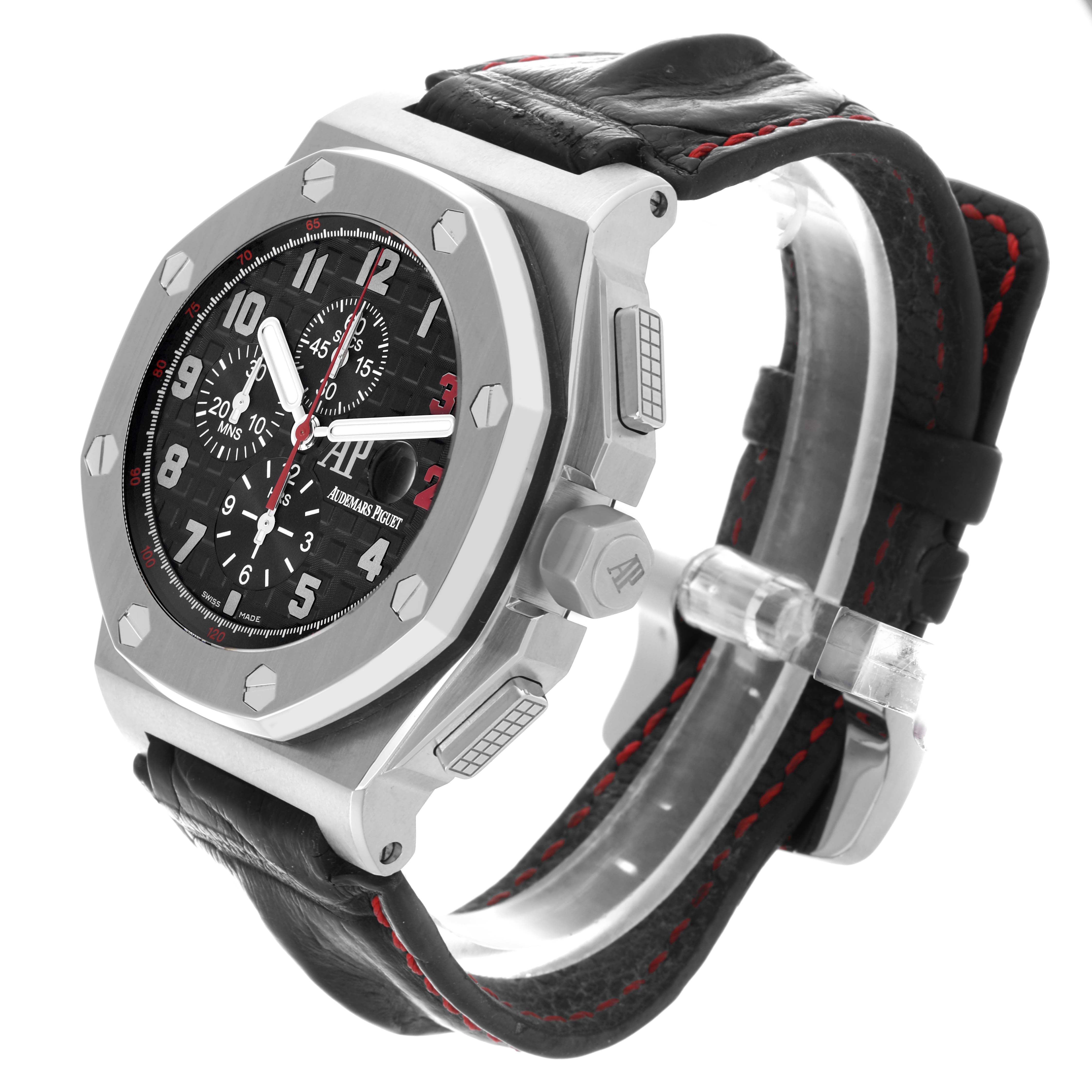 The Audemars Piguet Royal Oak Offshore 26133ST.OO.A101CR.01 Men
s Stainless Steel Black Dial 26133ST.OO.A101CR.01 Men
s Stainless Steel Black Dial is shown at an angle highlighting the face, chronograph dials, bezel, crown, and leather strap.