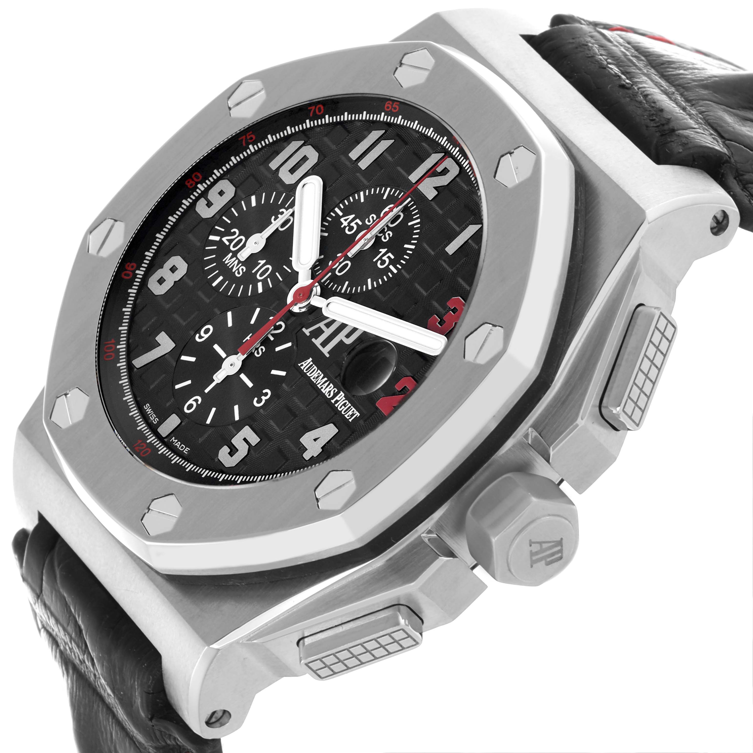 The image shows a side angle of the Audemars Piguet Royal Oak Offshore 26133ST.OO.A101CR.01 Men
s Stainless Steel Black Dial 26133ST.OO.A101CR.01 Men
s Stainless Steel Black Dial, highlighting the bezel, chronograph dials, and pushers.
