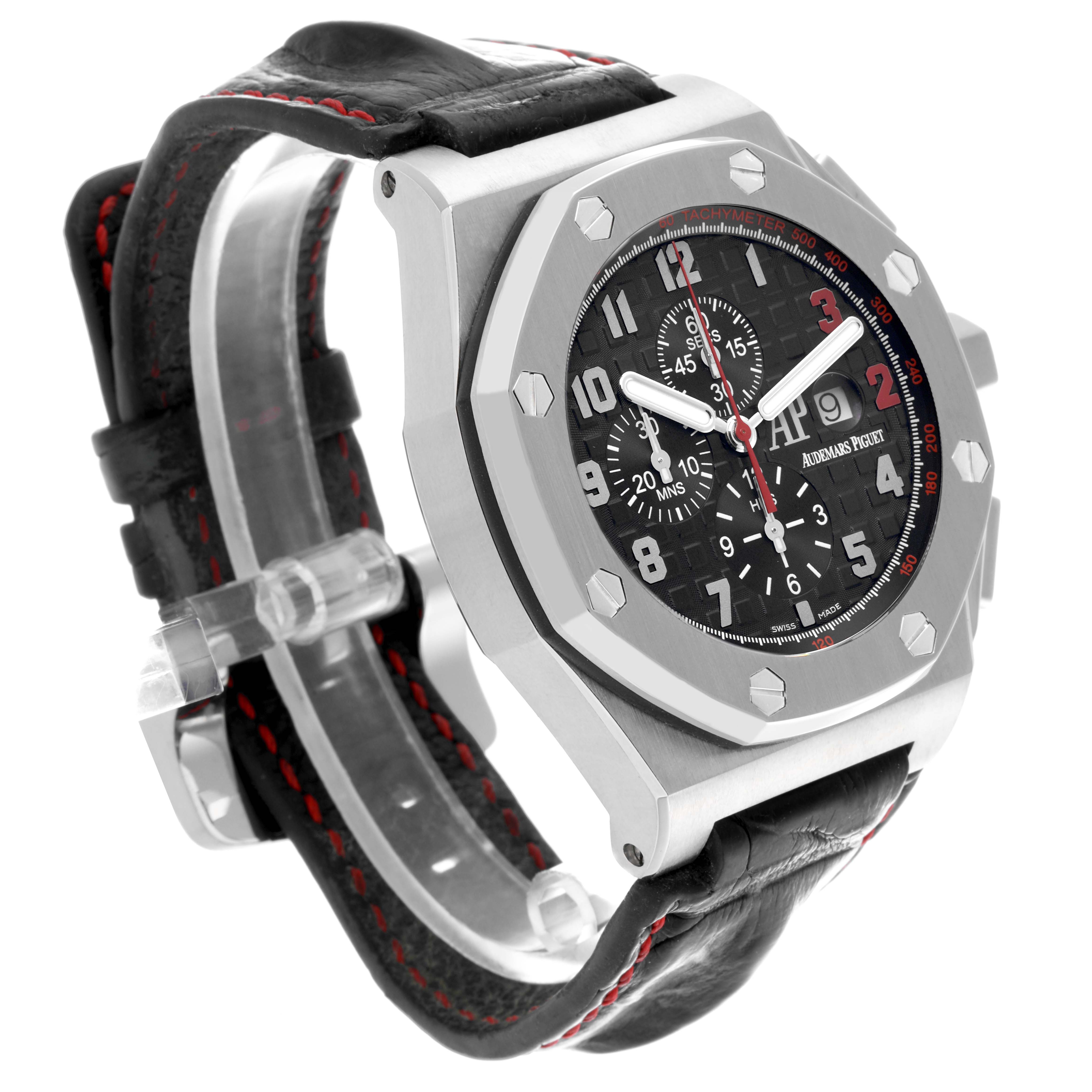 The Audemars Piguet Royal Oak Offshore 26133ST.OO.A101CR.01 Men
s Stainless Steel Black Dial 26133ST.OO.A101CR.01 Men
s Stainless Steel Black Dial watch is shown at a three-quarter angle, highlighting the face, bezel, and leather strap.