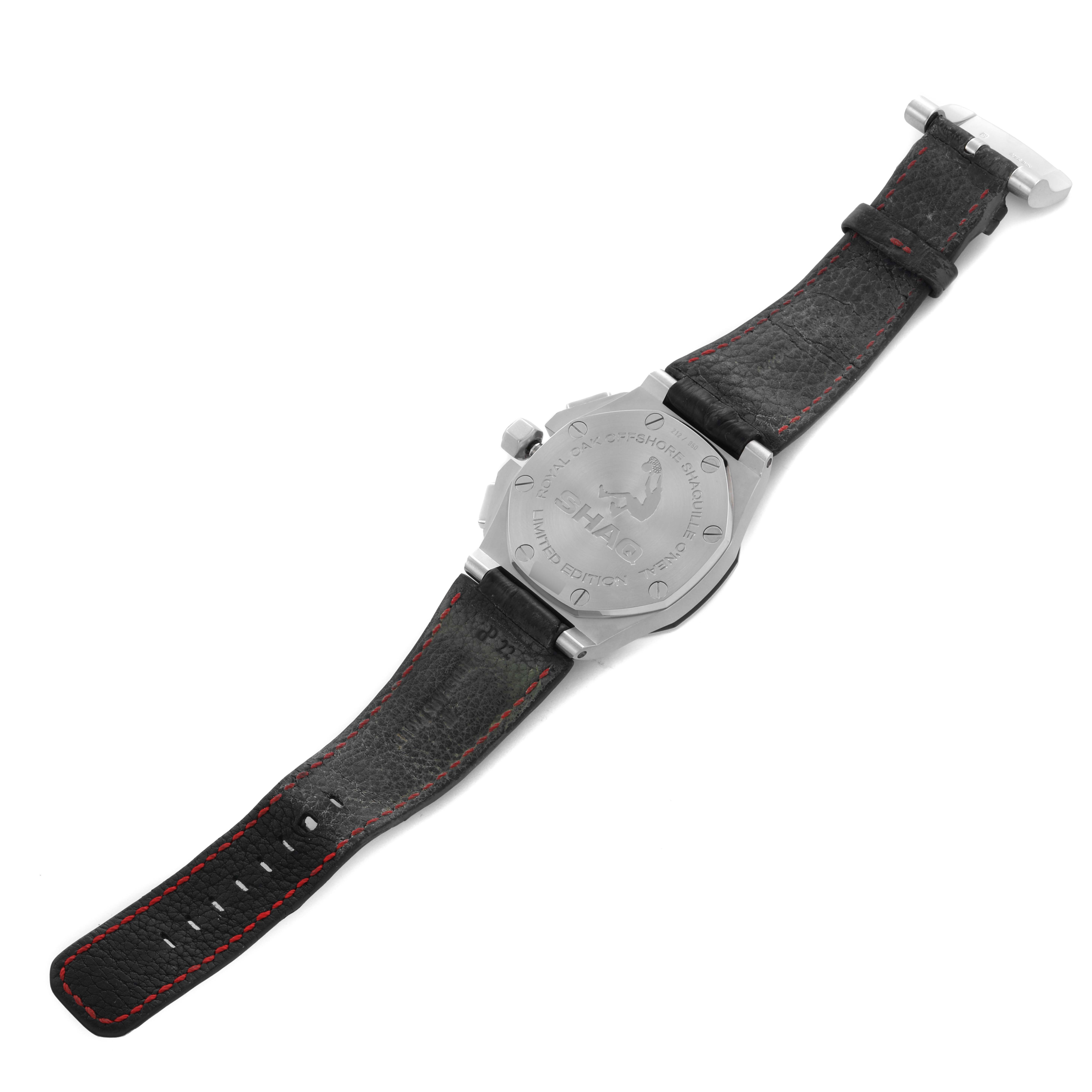 The image shows the back case and strap of the Audemars Piguet Royal Oak Offshore 26133ST.OO.A101CR.01 Men
s Stainless Steel Black Dial 26133ST.OO.A101CR.01 Men
s Stainless Steel Black Dial watch from a bottom view.