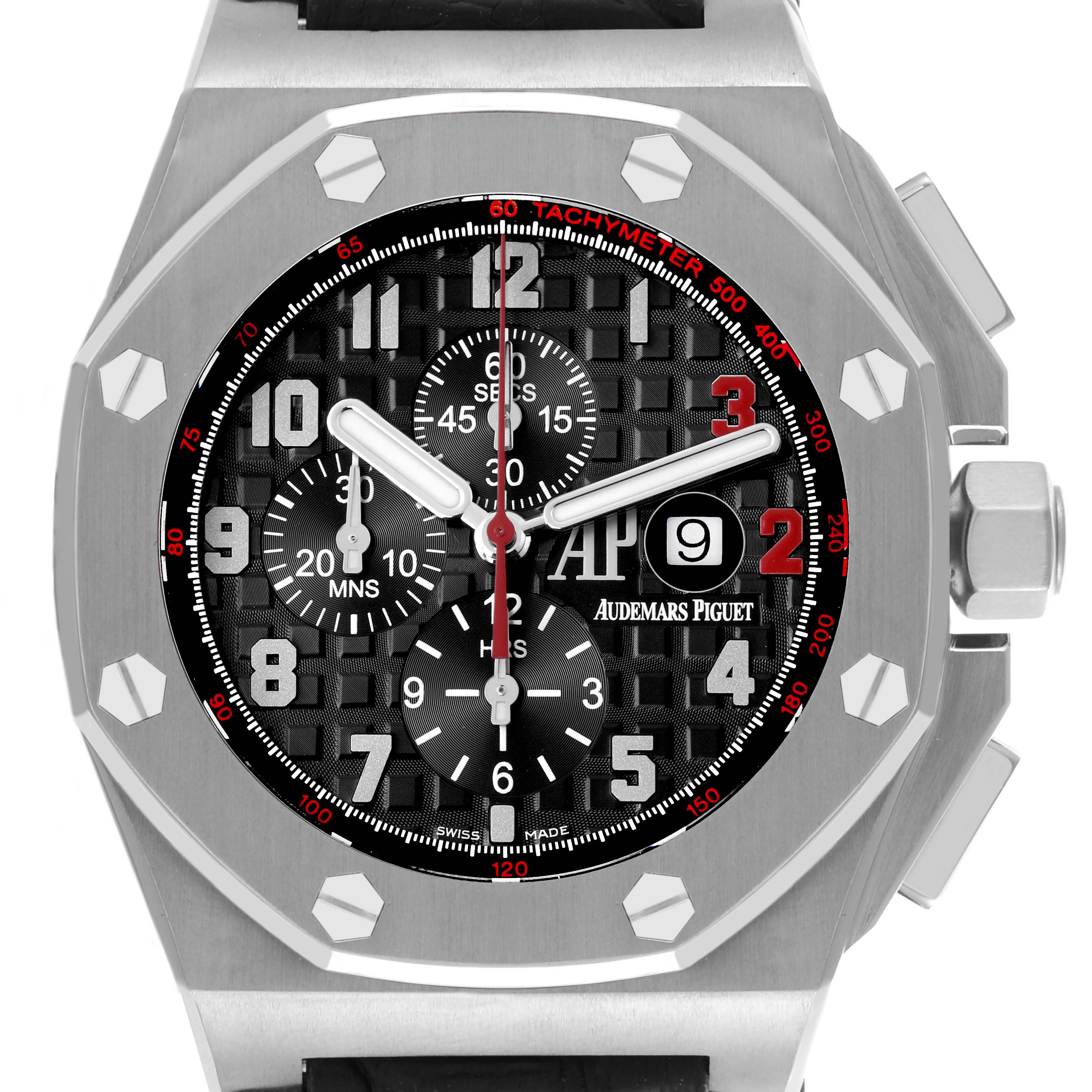 The Audemars Piguet Royal Oak Offshore 26133ST.OO.A101CR.01 Men
s Stainless Steel Black Dial 26133ST.OO.A101CR.01 Men
s Stainless Steel Black Dial is shown from the front, highlighting its bezel, dial, and subdials.