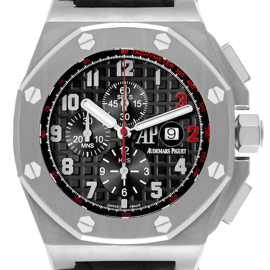 The Audemars Piguet Royal Oak Offshore is shown from the front, highlighting its bezel, dial, and subdials.