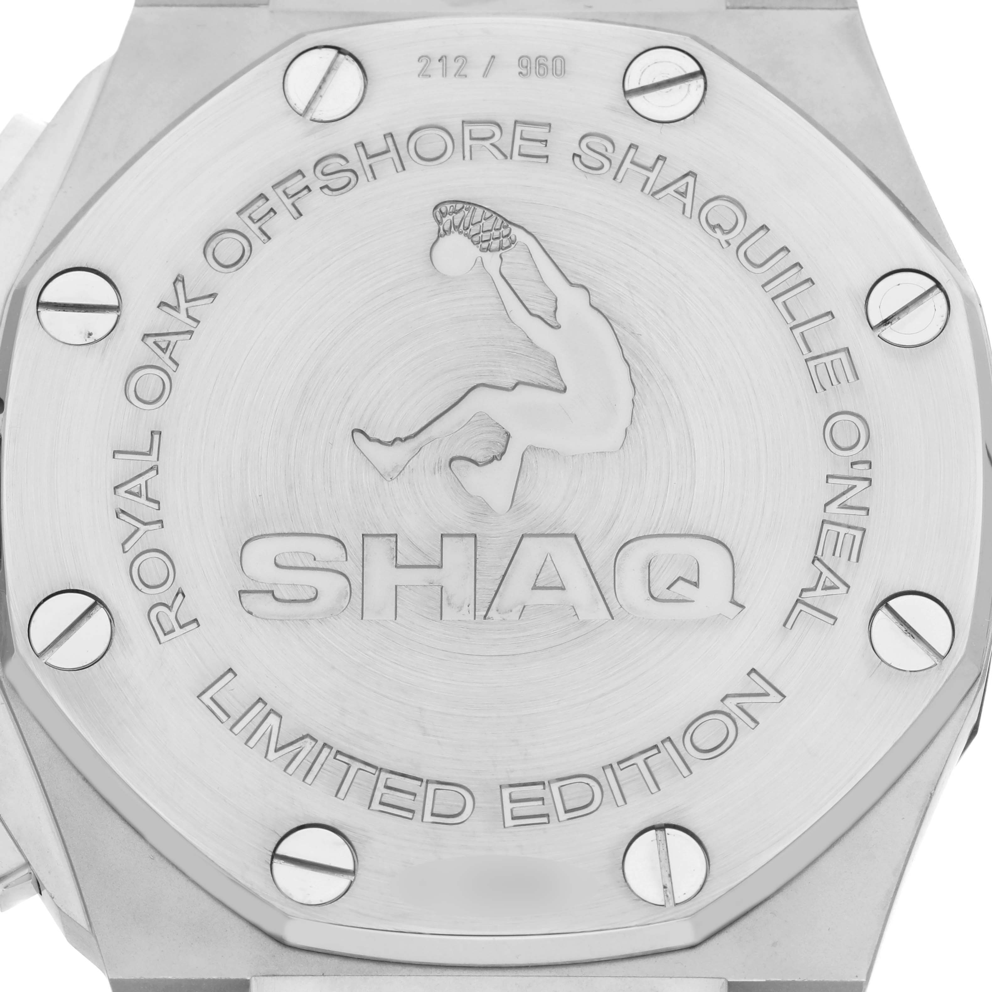 The image shows the case back of the Audemars Piguet Royal Oak Offshore 26133ST.OO.A101CR.01 Men
s Stainless Steel Black Dial 26133ST.OO.A101CR.01 Men
s Stainless Steel Black Dial, featuring an engraved design and wording.